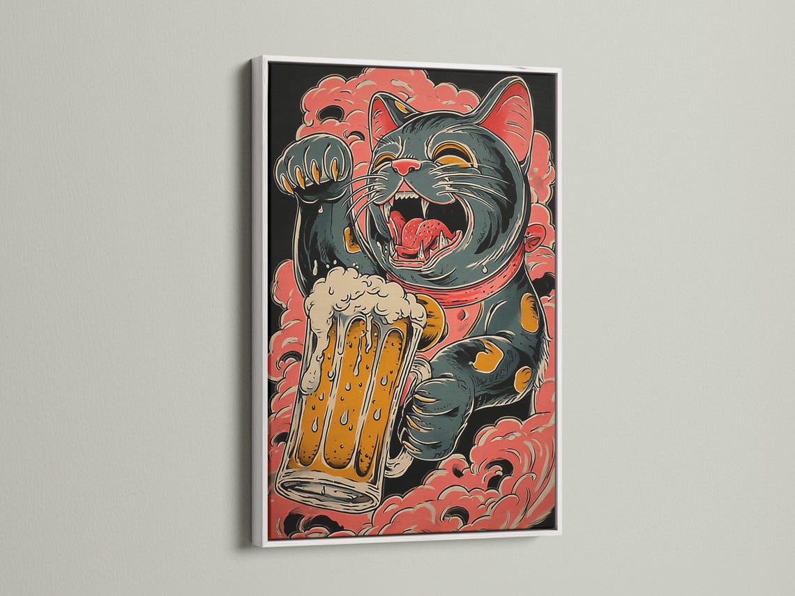 Stylised retro cat illustration with red cloud shapes and orange foamy splash details detail view