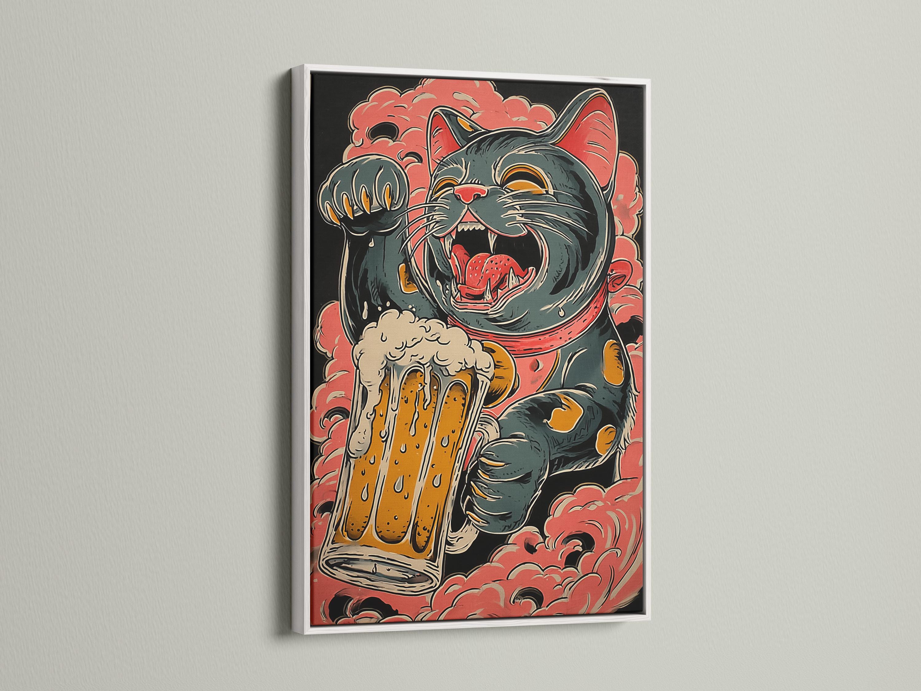 Stylised retro cat illustration with red cloud shapes and orange foamy splash details detail view