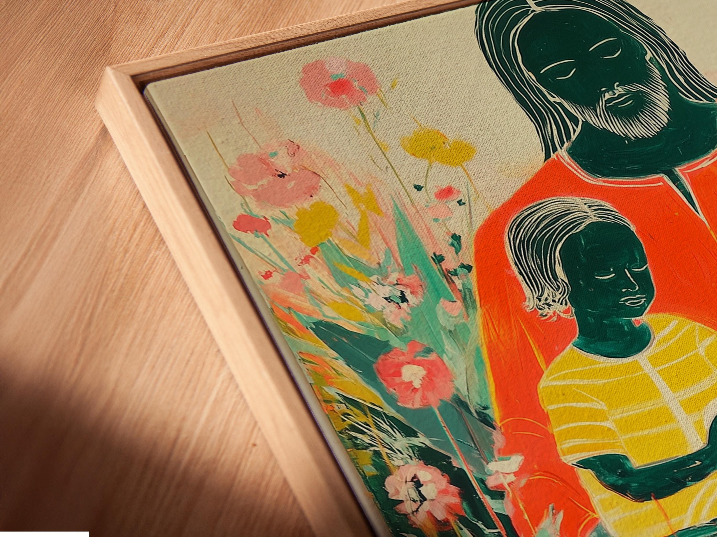 Stylised adult figure holding two children amid dense green foliage and pink, peach and white blossoms detail view