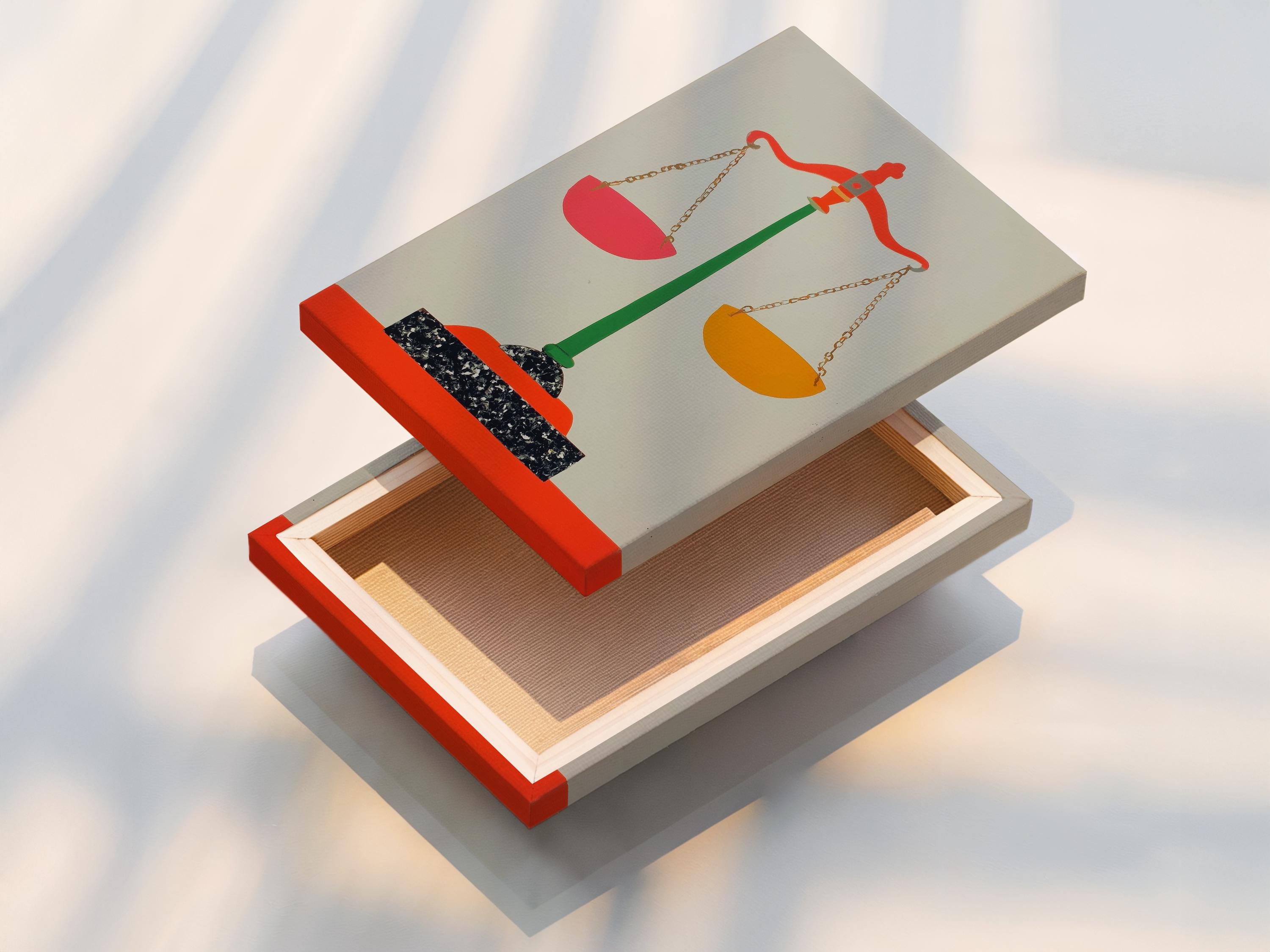 A stylised balance scale icon with a green stand and red and orange pans sits centrally on a pale background, framed by a thin border detail view