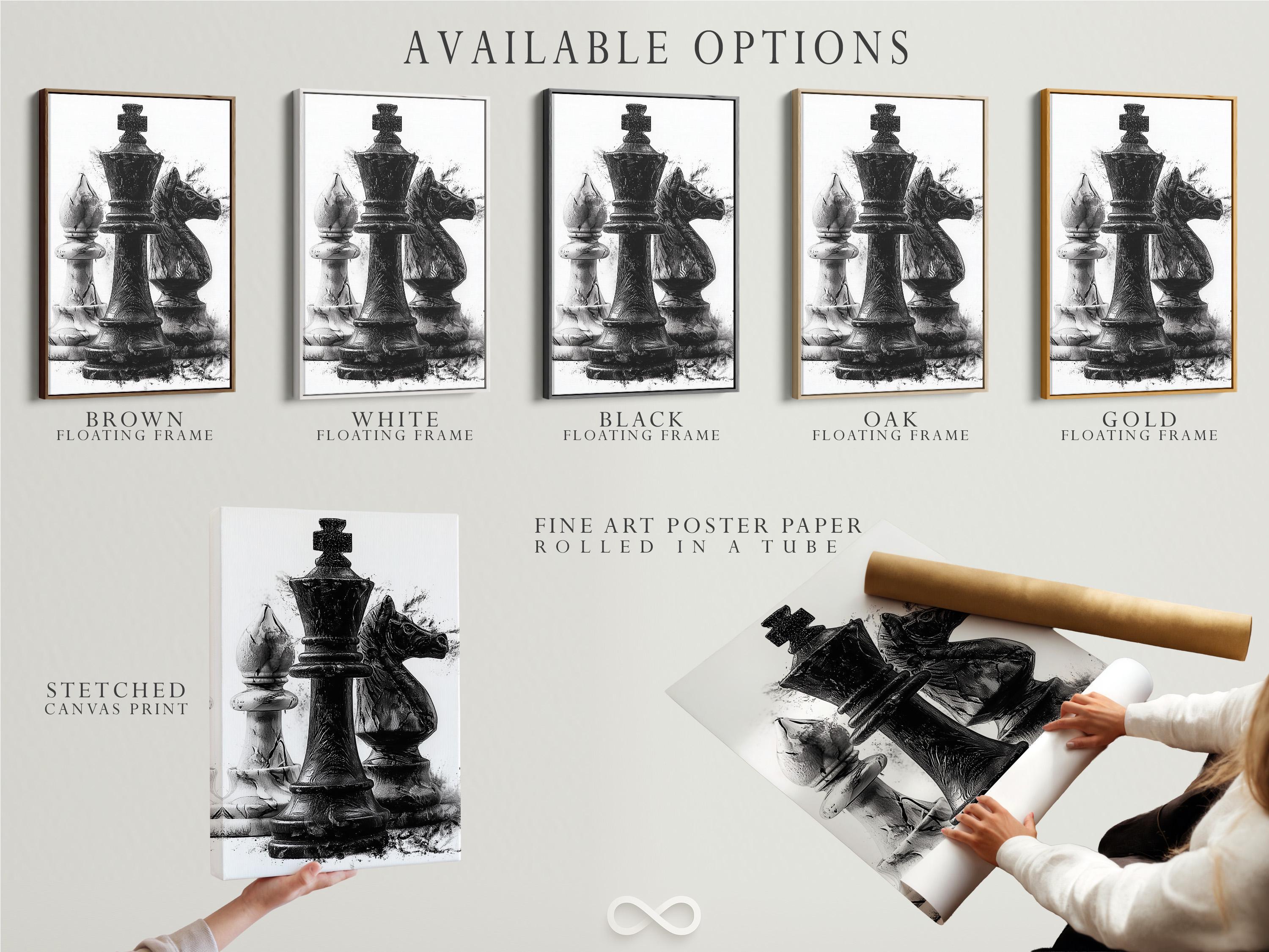 Monochrome chess artwork featuring a black king-like figure with distressed ink-splatter texture detail view