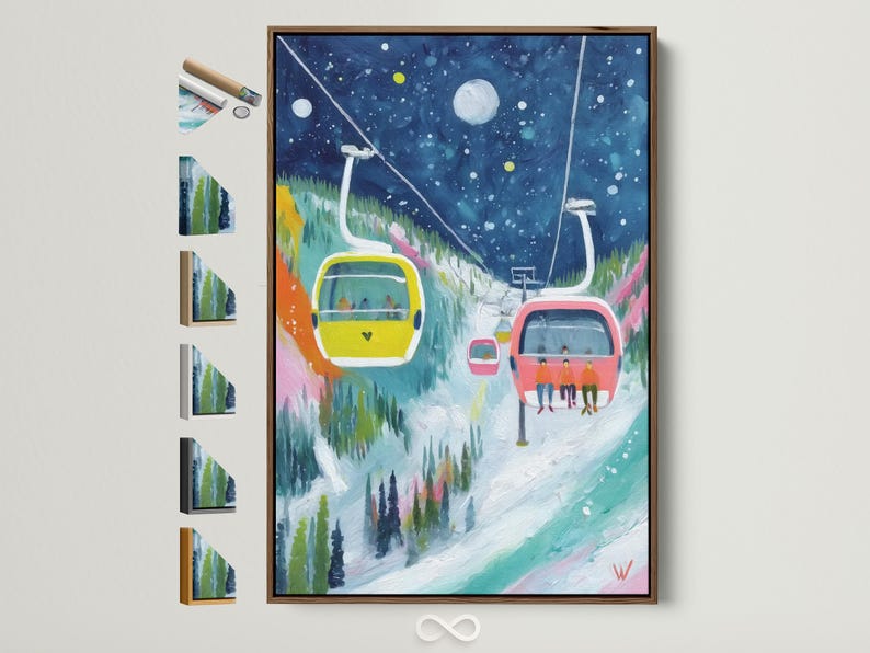 Winter ski lift artwork with gondola and cable cars over snowy slopes and a blue sky