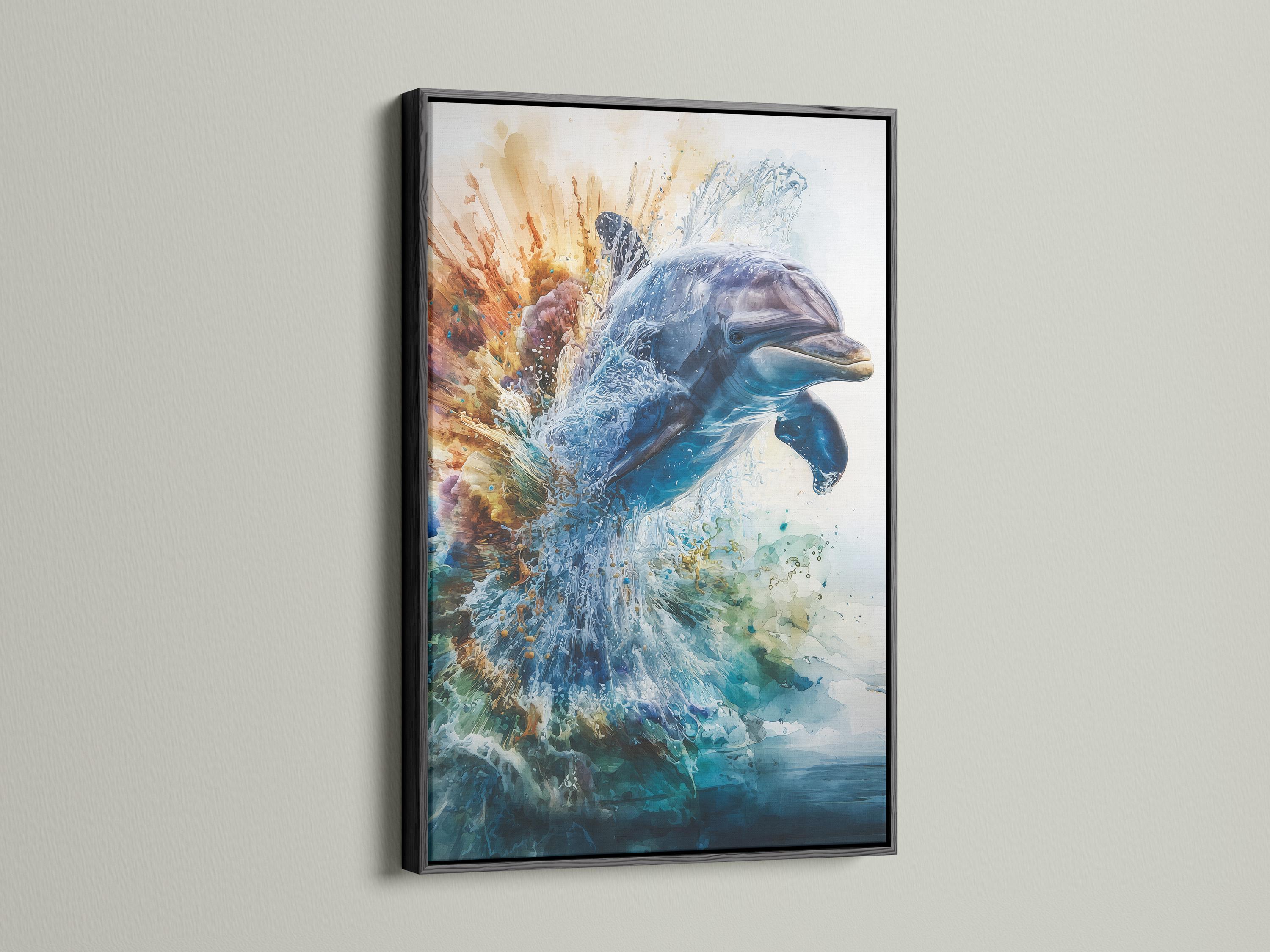 Framed ocean dolphin splash artwork on a wall with other frame options