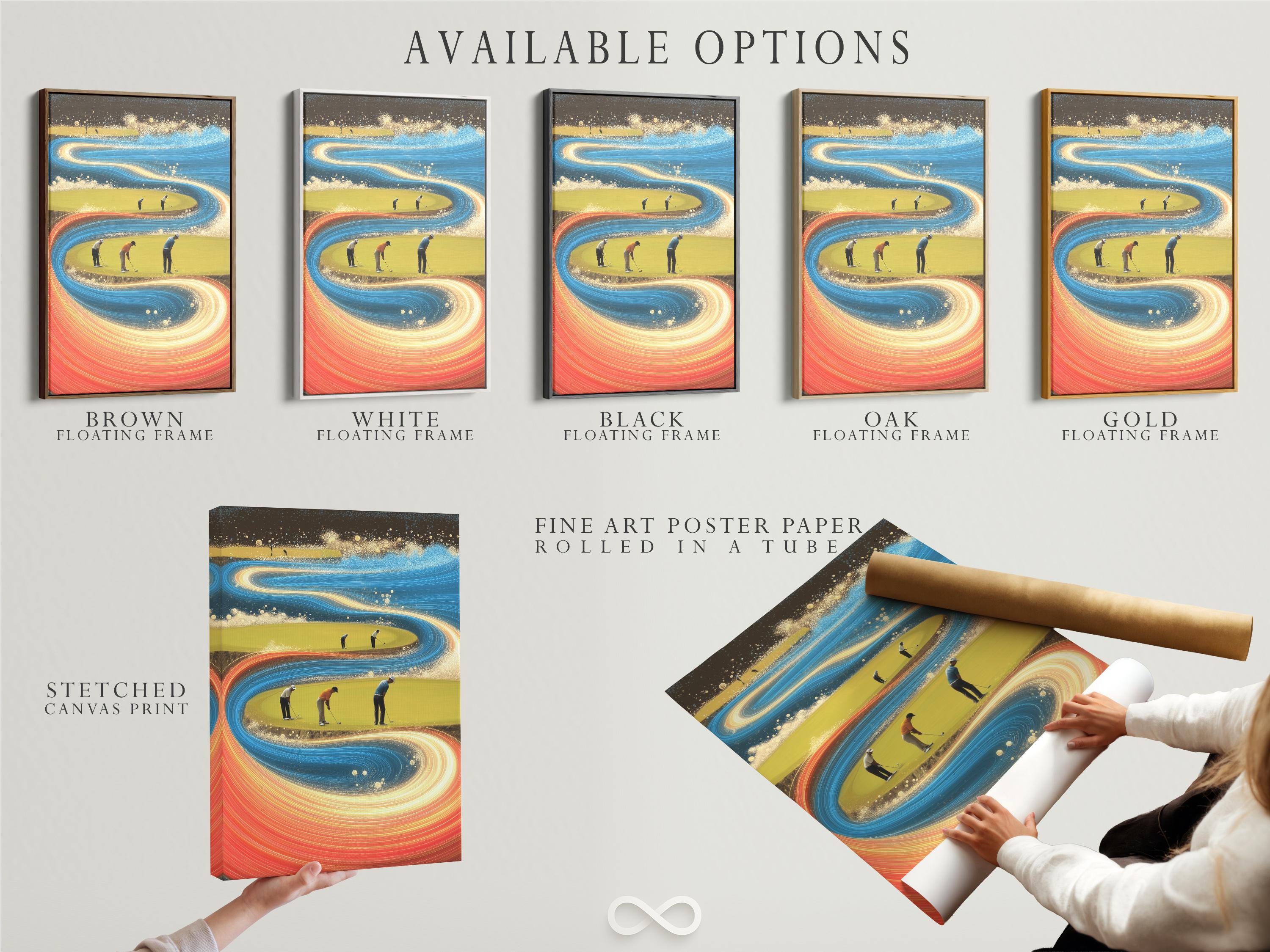Abstract golf course scene with swirling blue and gold motion bands and small golfer figures detail view