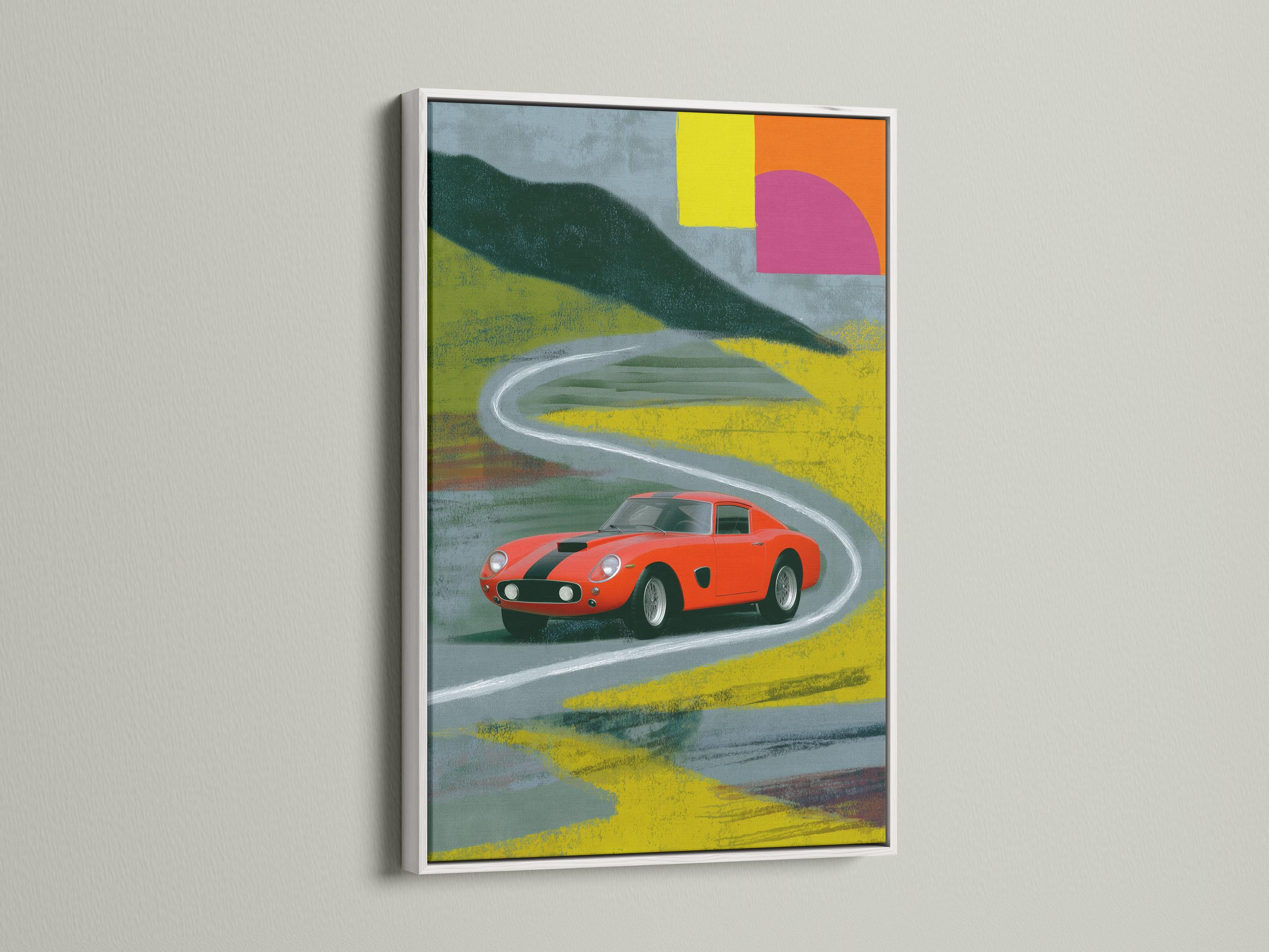 Red vintage race car on a curving track with geometric blocks in pink, yellow and green detail view