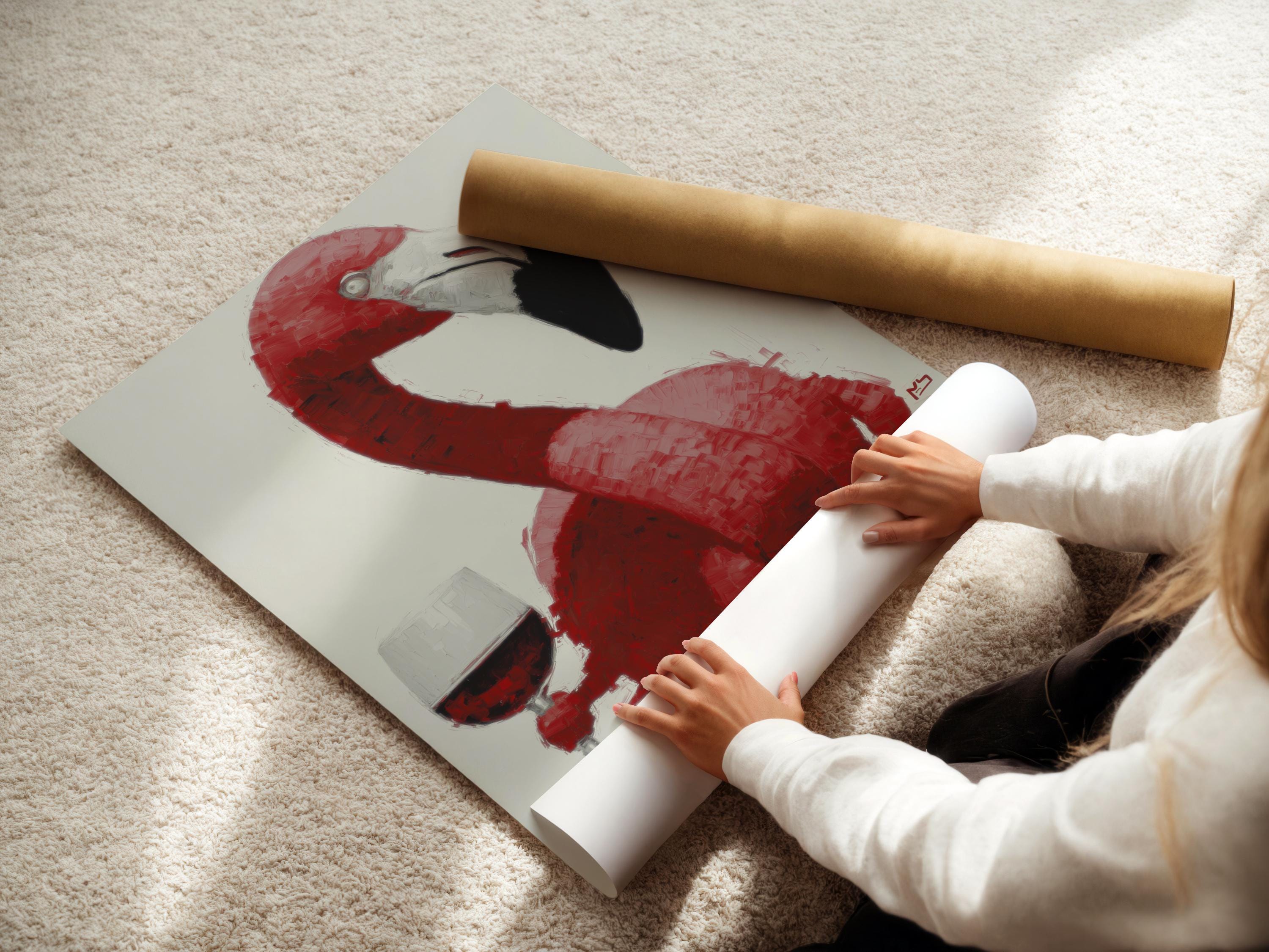 Framed artwork mockup of a pink flamingo with a wine glass