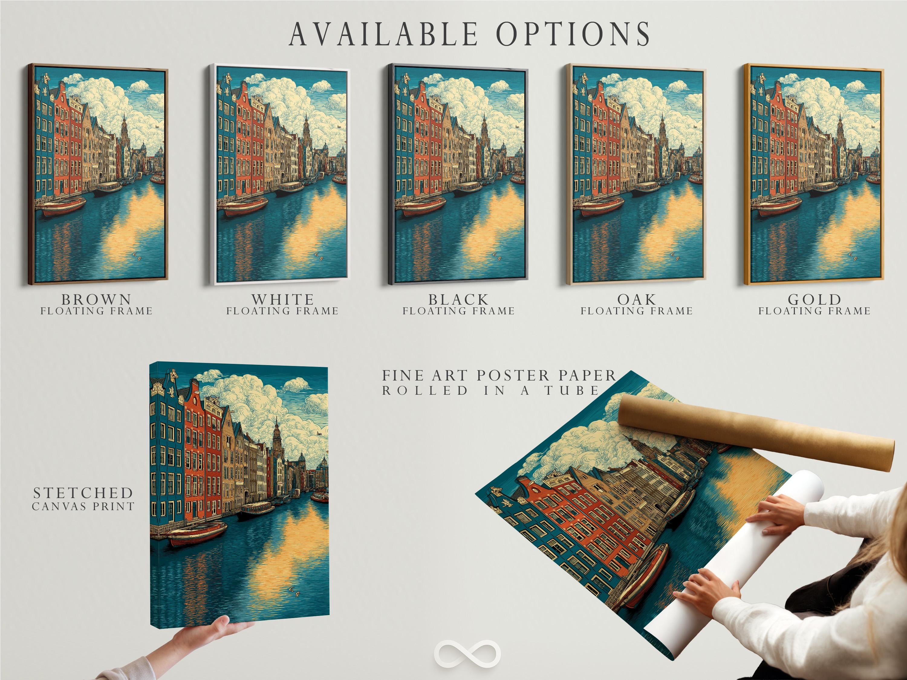Vintage illustration of an Amsterdam canal cityscape with colourful buildings, boats, and warm sunset reflections detail view