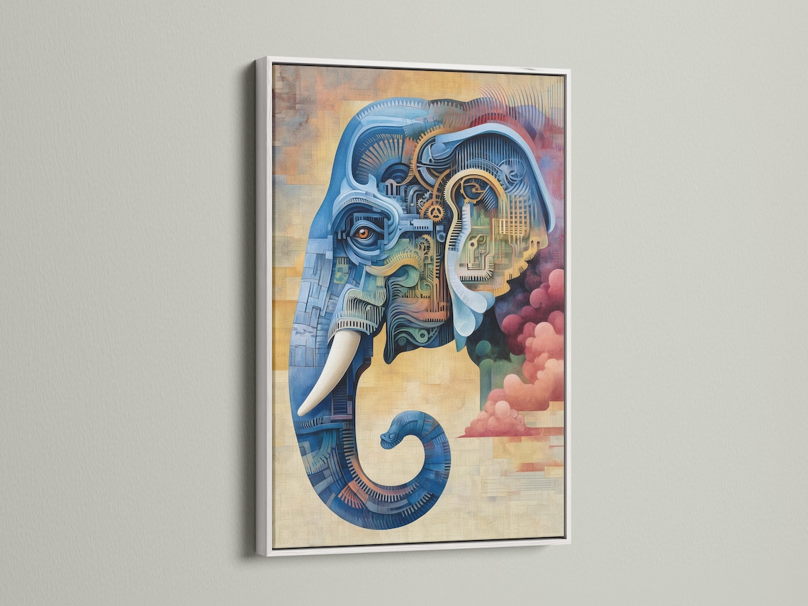 Steampunk-style elephant illustration in blue with gold gear details detail view