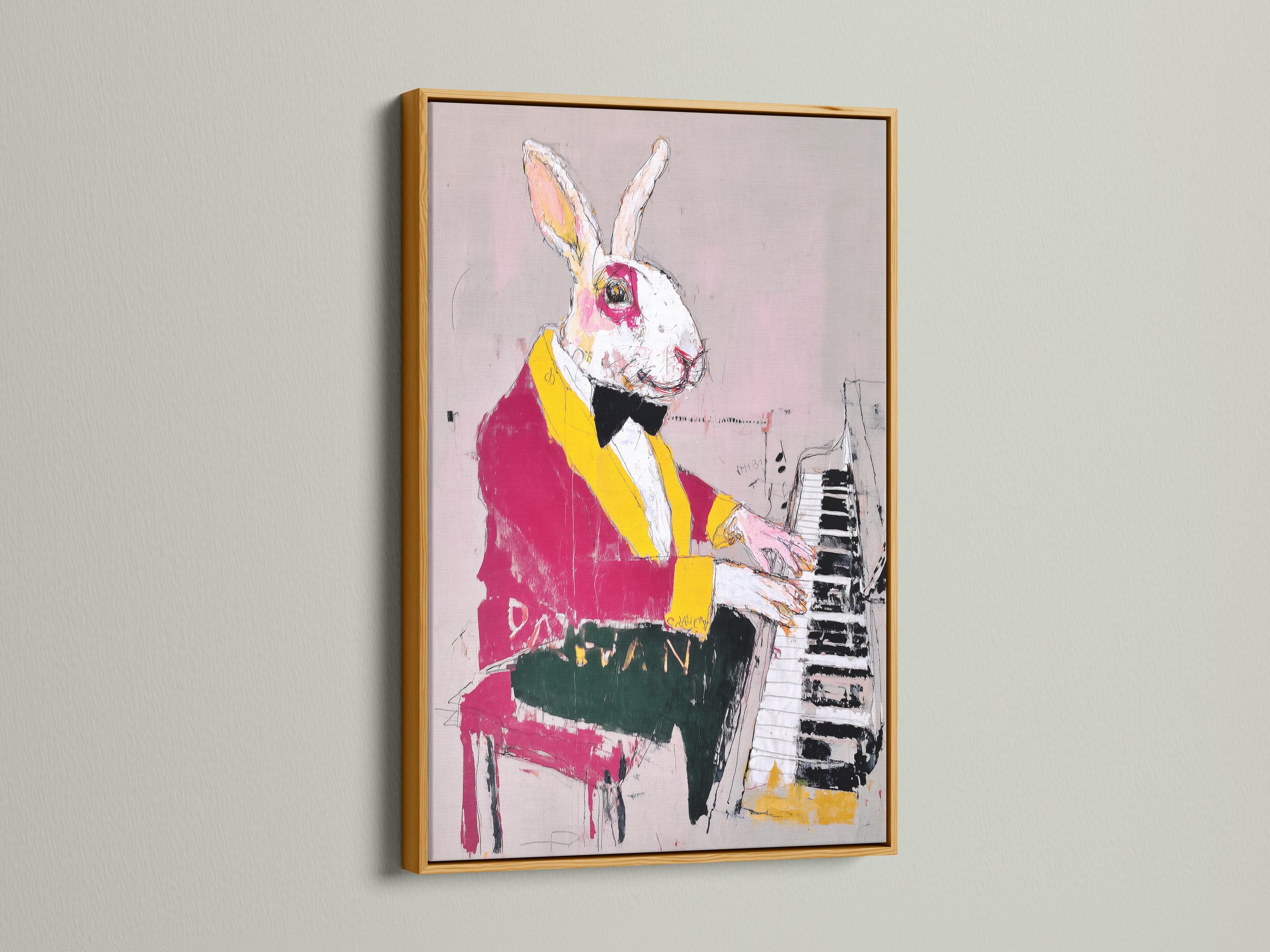 Rabbit playing piano with magenta and yellow jacket on a blush pink background detail view