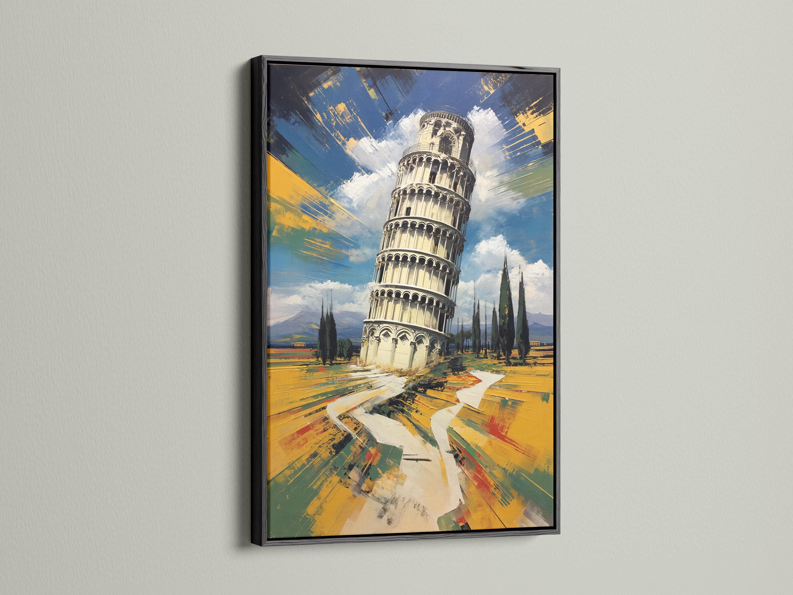 Man standing by a framed Leaning Tower of Pisa painting in an office-like room