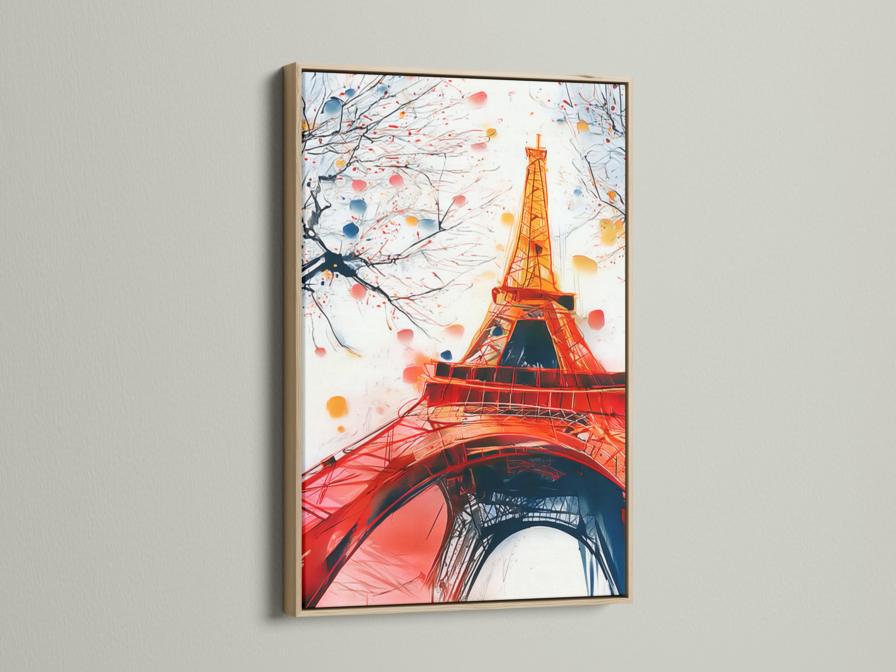 Eiffel Tower cityscape in red and gold with branches and blossom-like dots detail view