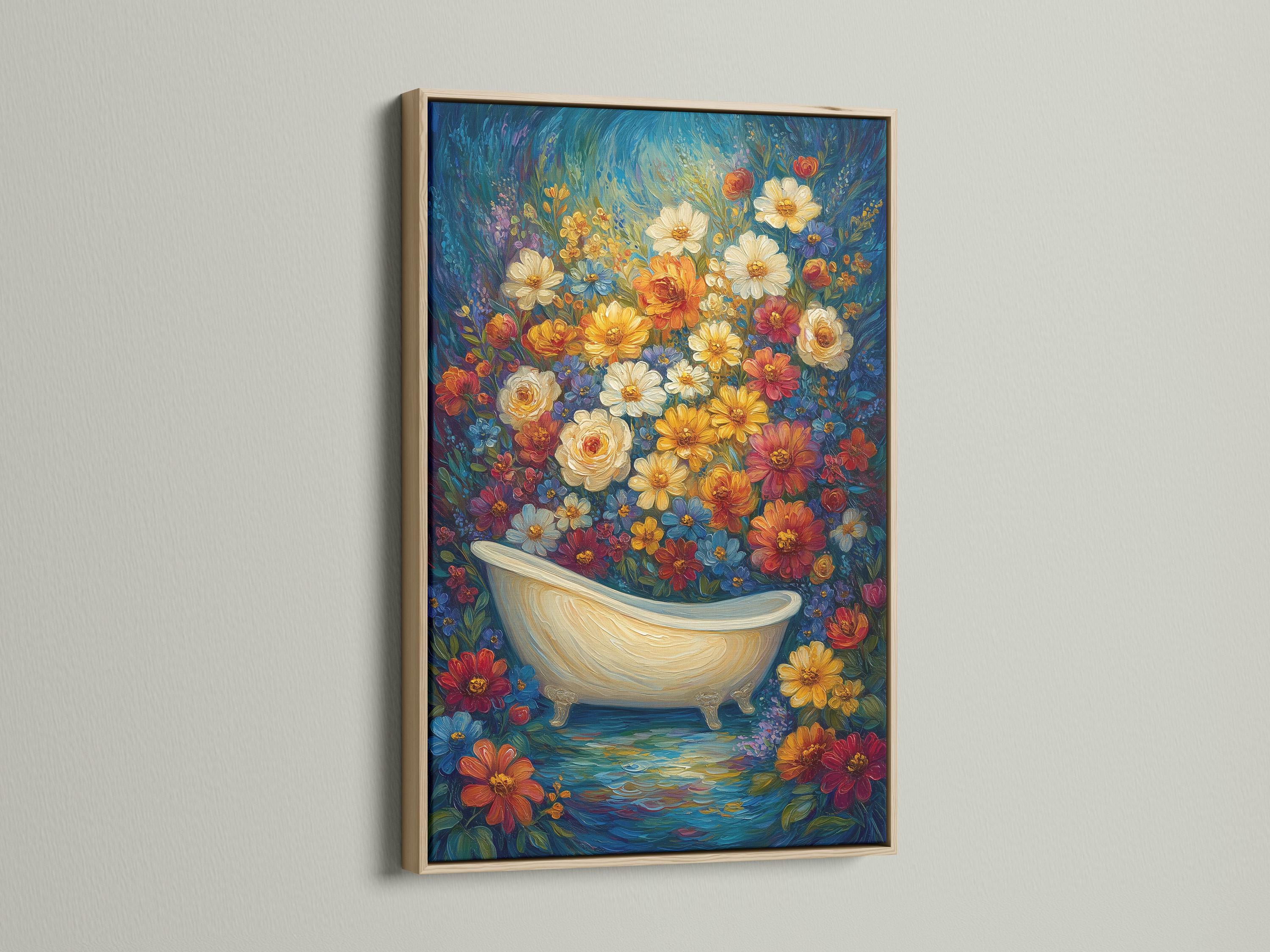 Bathroom wall mockup showing floral bathtub wall art