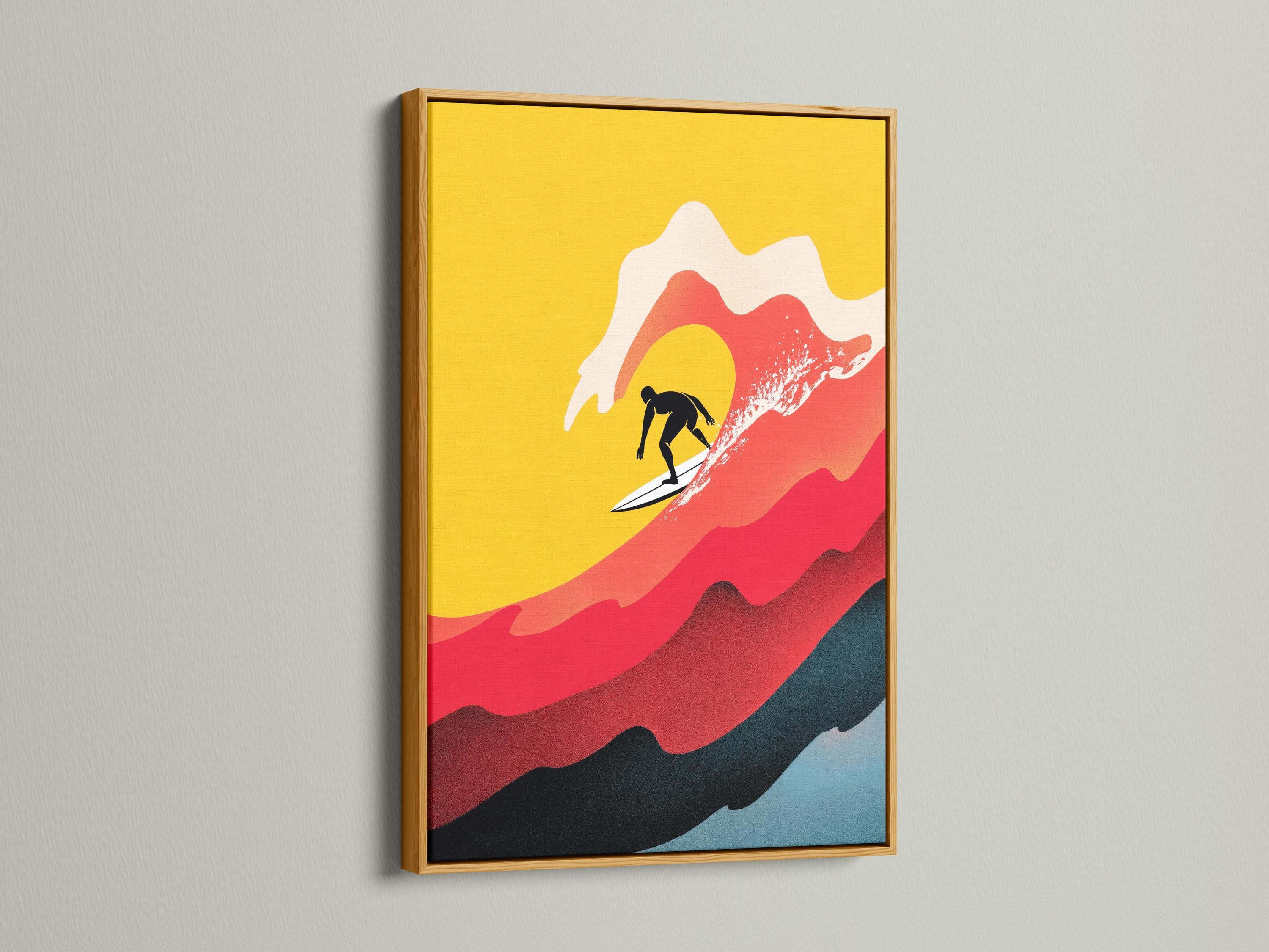 Stylised surfer silhouette on a white surfboard riding red and off-white waves over a yellow background detail view