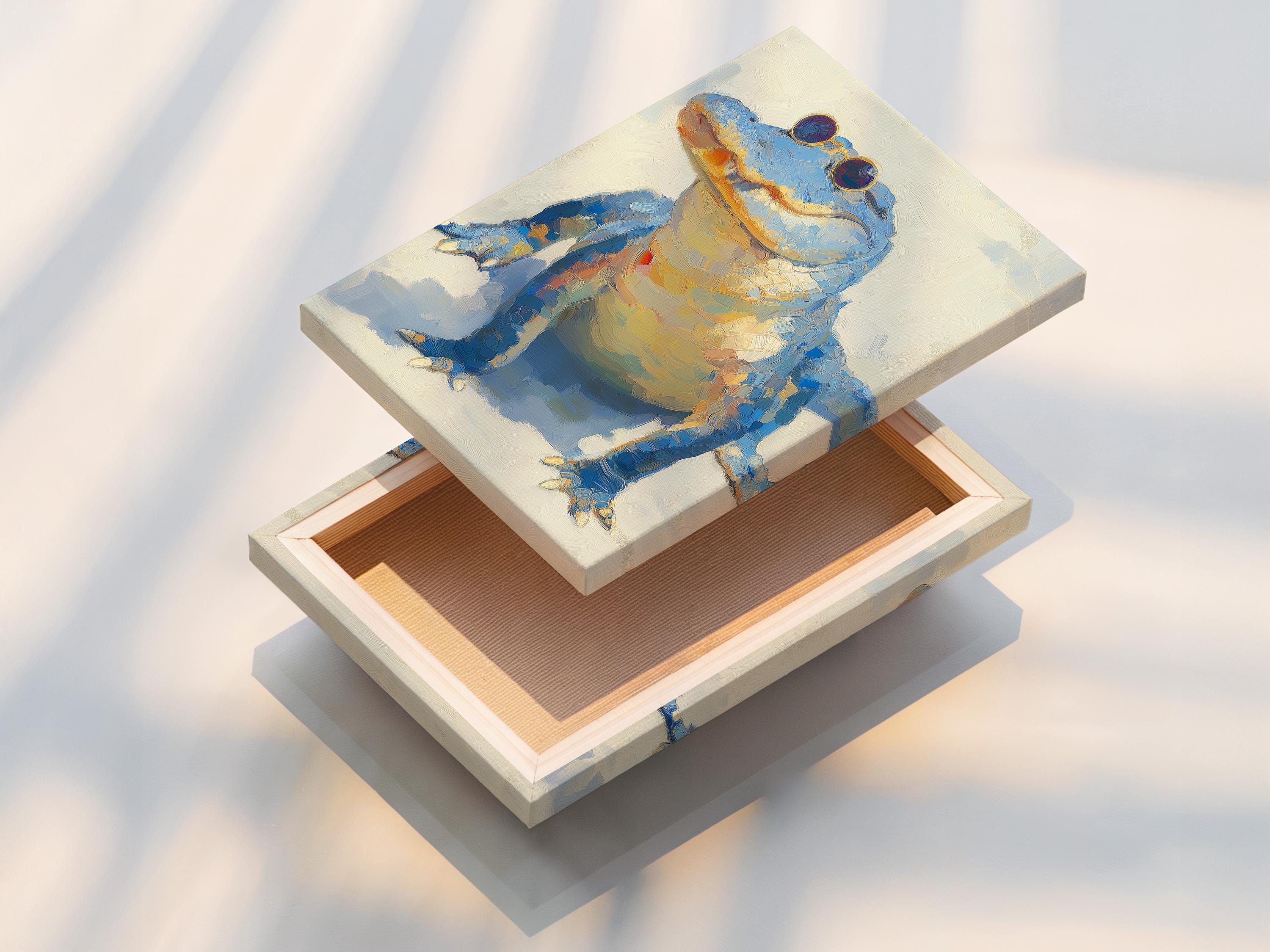 Blue alligator illustration wearing round sunglasses on a cream textured background detail view