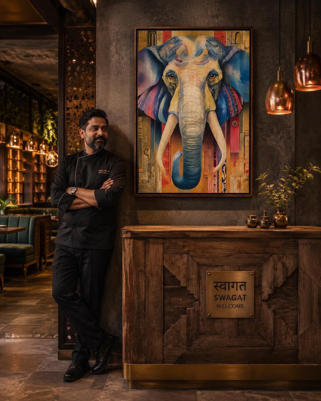 A stylised blue elephant portrait with patterned, map-like details sits centre-stage within a colourful, vintage-inspired background detail view