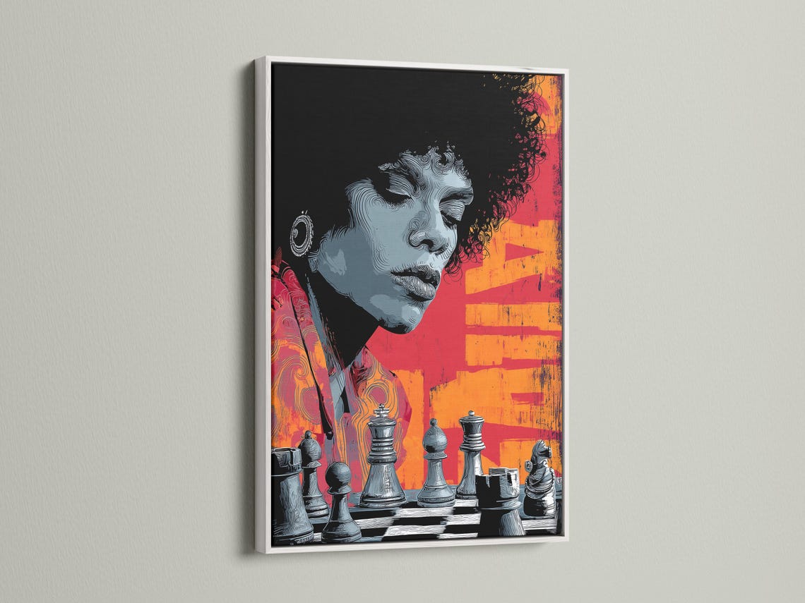 Stylised chess player portrait with orange and red geometric blocks and monochrome chess pieces detail view