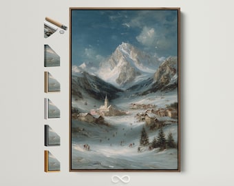 May include: A framed canvas print of a winter landscape. The artwork depicts a snow-covered valley with a village, mountains, and skiers. The colour palette includes blues, whites, and browns, creating a serene and picturesque scene.