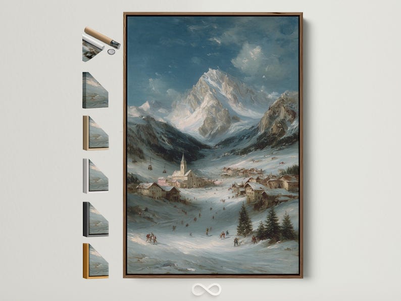 Snowy mountain valley painting with a village, church tower, skiers, evergreens and distant peaks