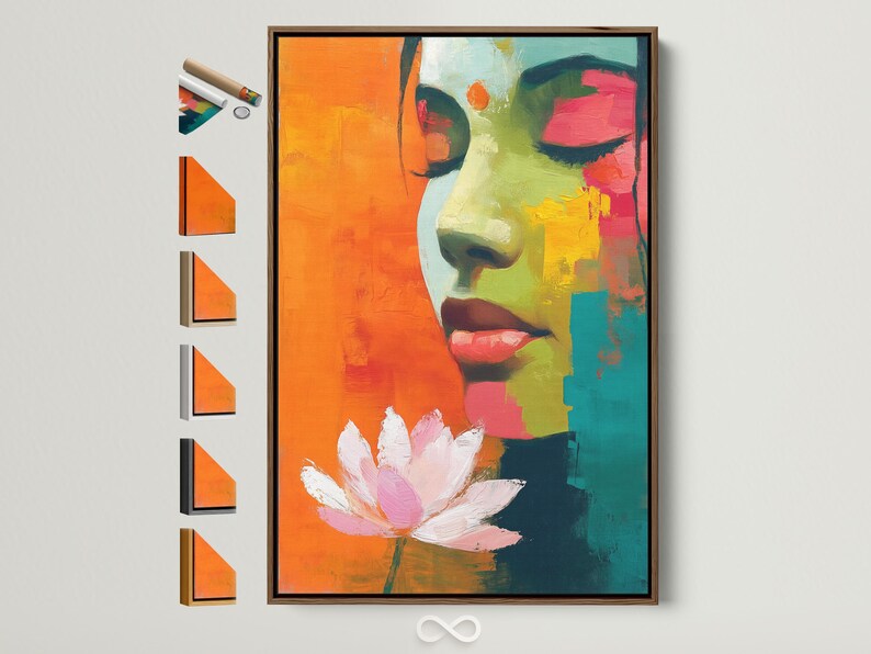 Abstract portrait of a woman in profile with a lotus flower, using orange, teal, lime and pink colours
