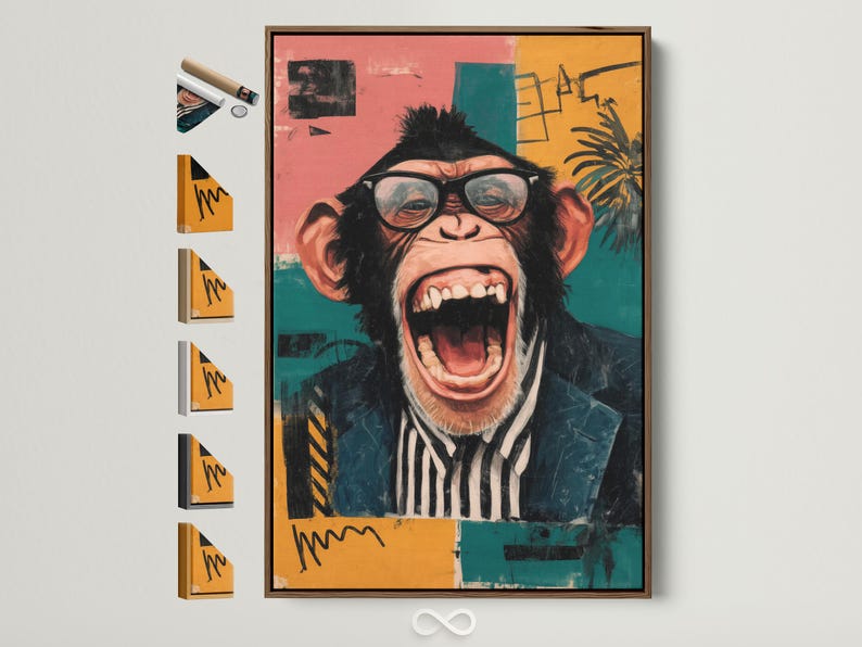 Retro chimp portrait with round glasses, shouting, set against teal and pink colour blocks