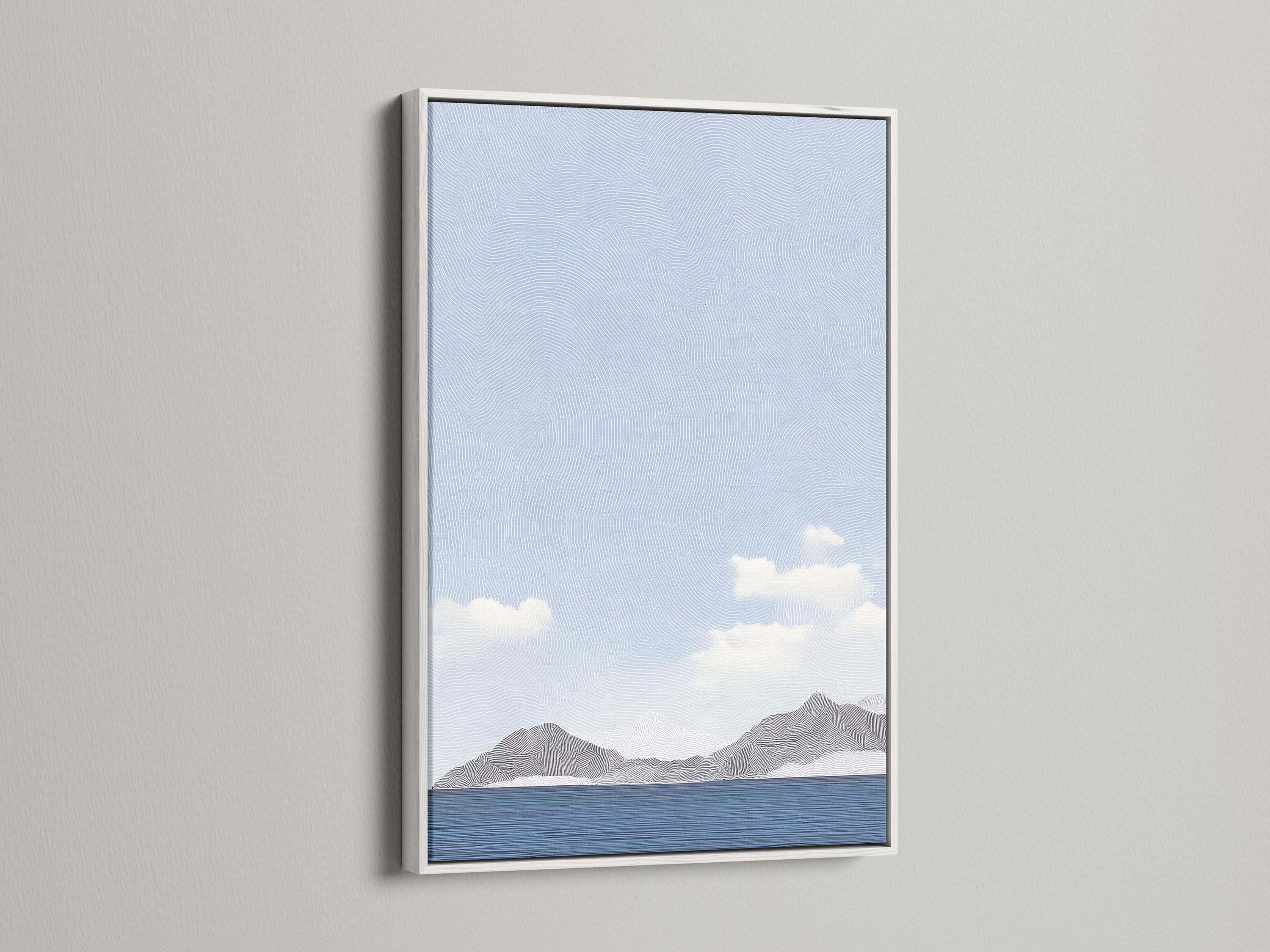 Room mockup showing a framed light blue minimalist seascape artwork with clouds and mountains