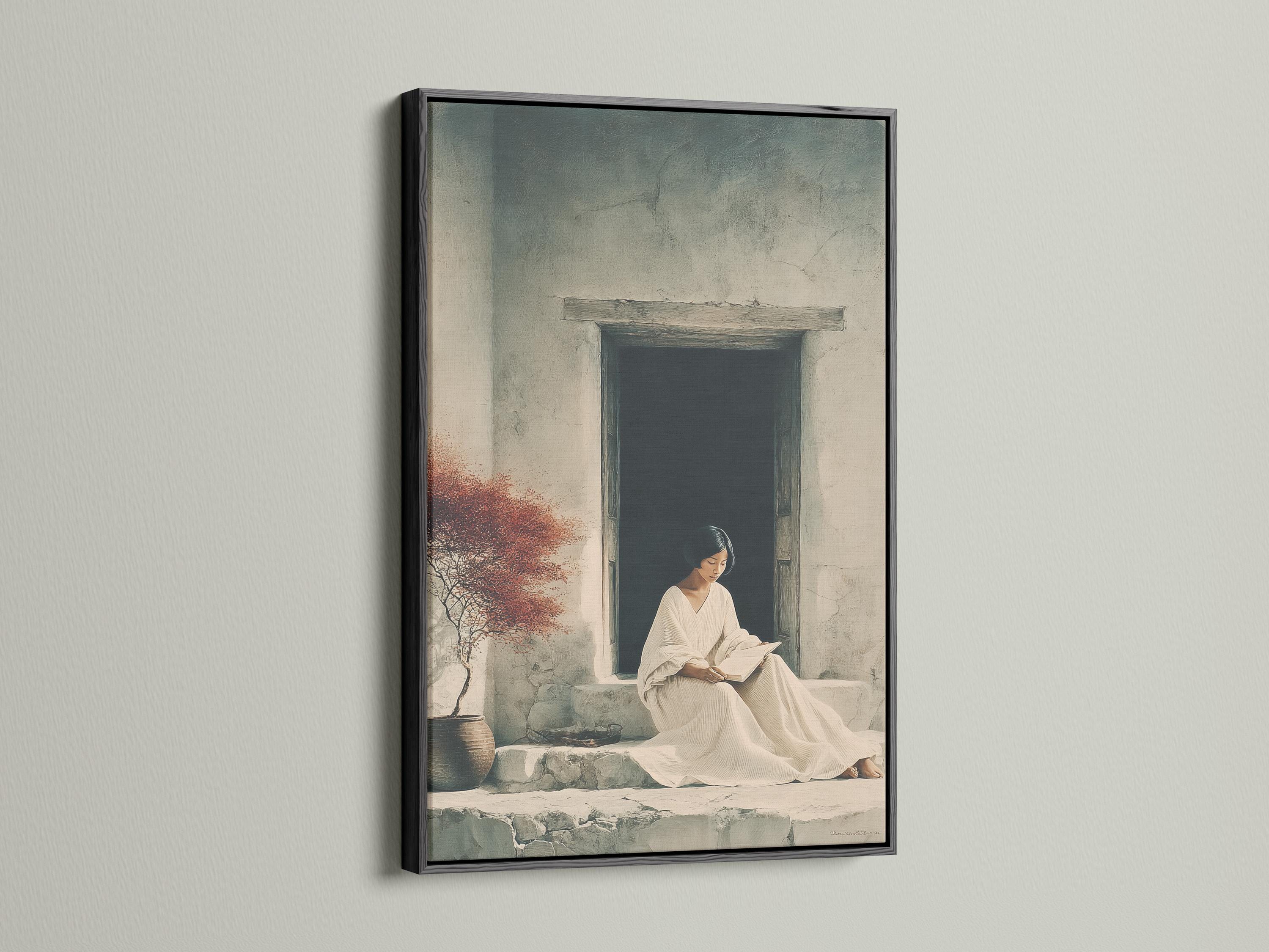 Seated woman reading a book in a stone doorway with a rust-red tree canopy detail view