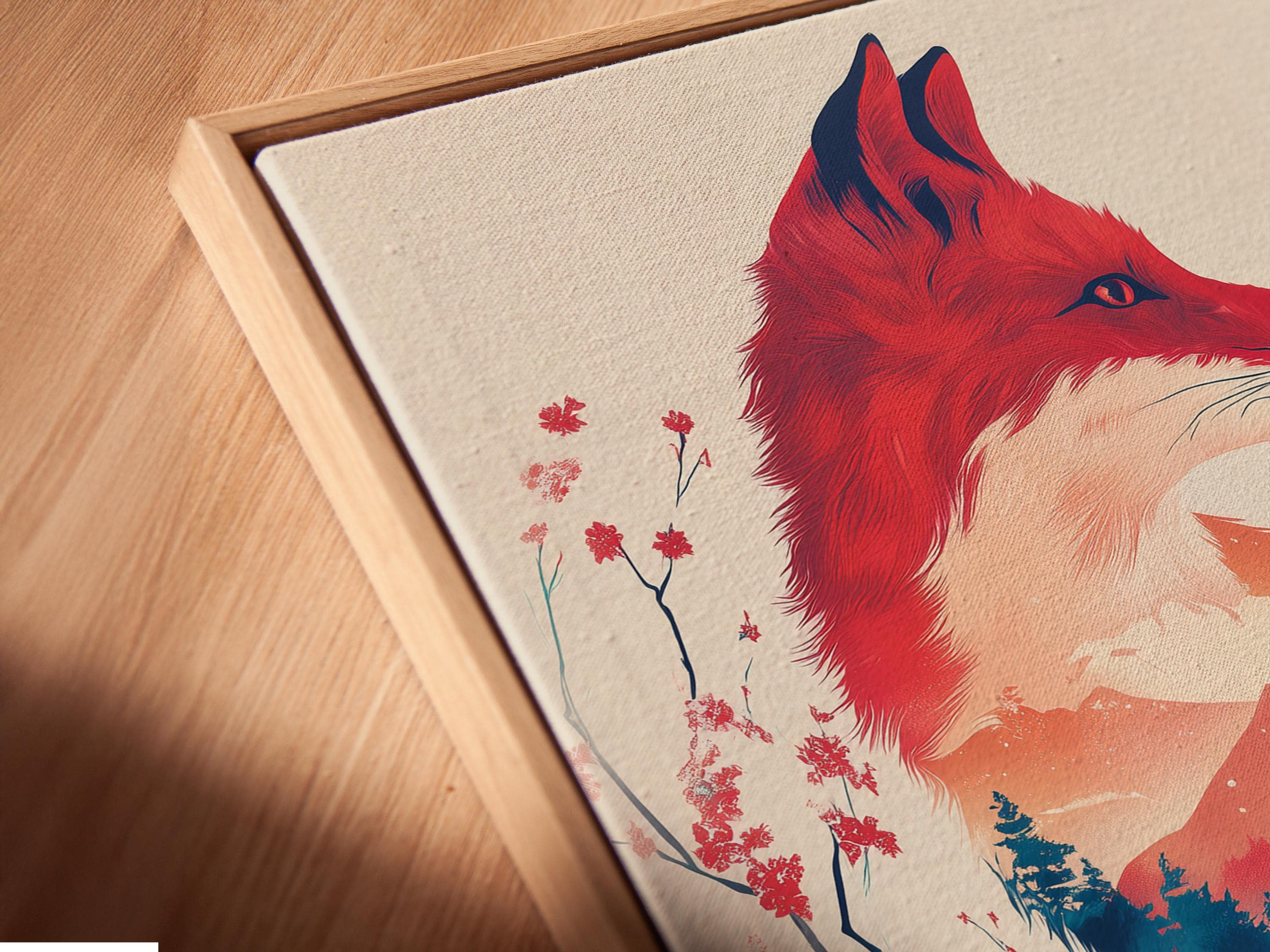 A stylised red fox faces right above layered blue mountains, with pink blossoms, a large orange sun and small birds in flight detail view