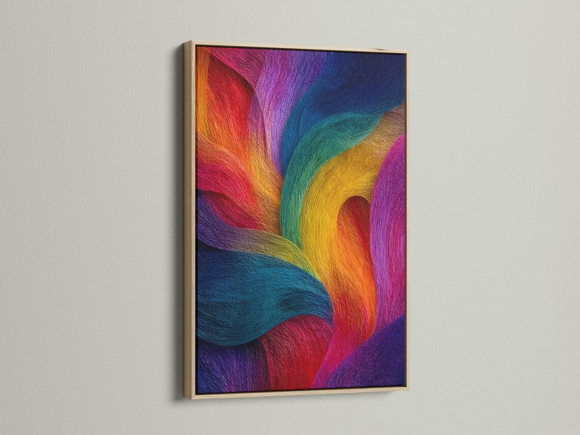 Rainbow abstract artwork with flowing curved bands in purple, blue, pink, teal, yellow and orange detail view
