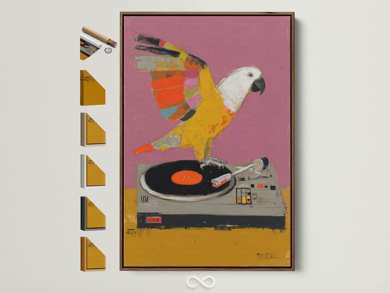 Colourful parrot perched on a turntable above a vinyl record, set against a pink-purple background