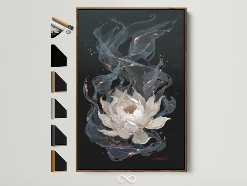 Painterly white lotus flower with swirling blue-grey petals and gold flecks on a dark background