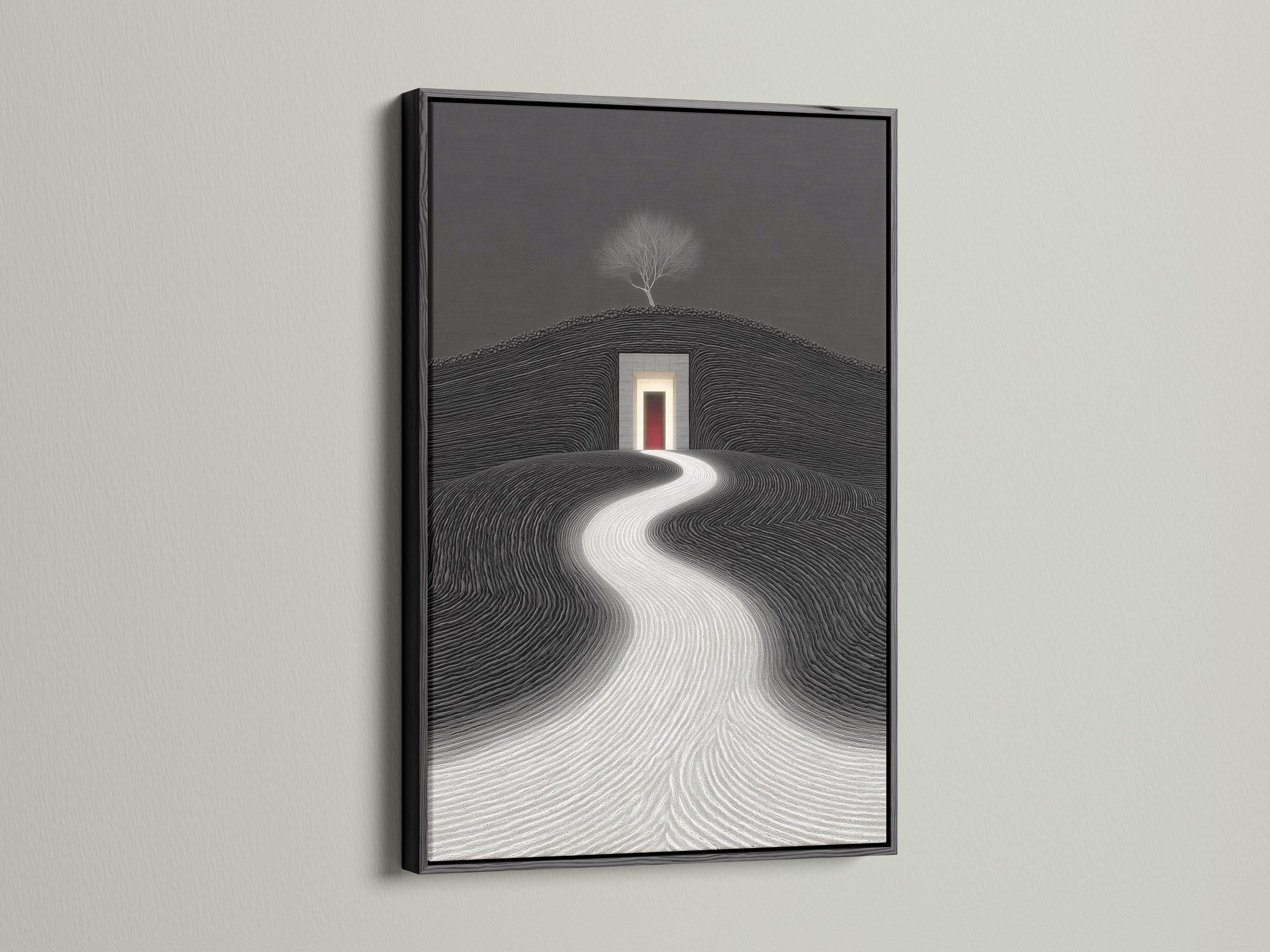 Monochrome surreal landscape with a winding path leading to a glowing geometric doorway and leafless tree detail view