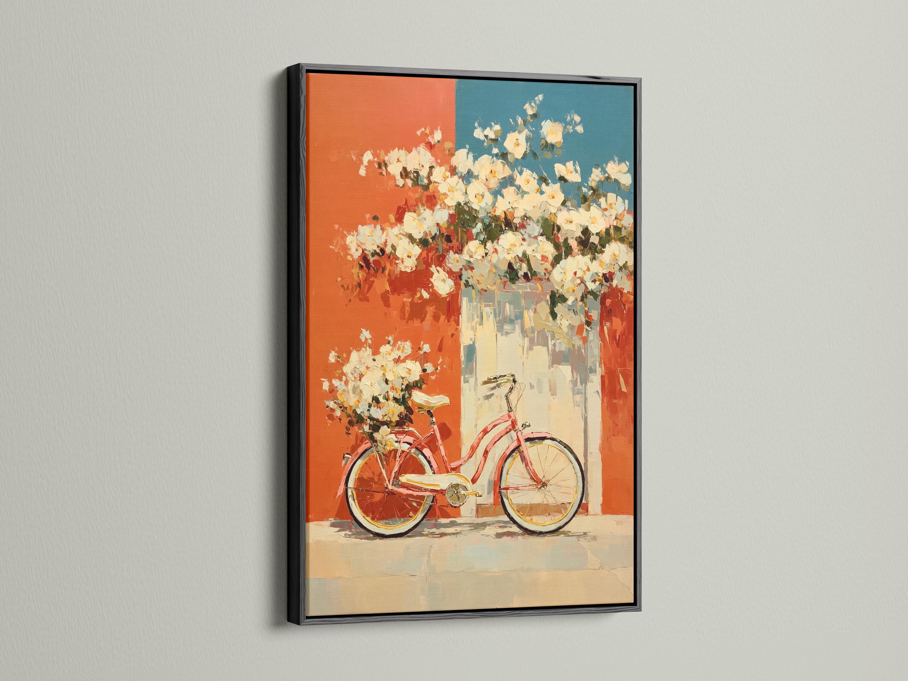 Vintage red bicycle with white blossoms on a coral and teal painterly background detail view