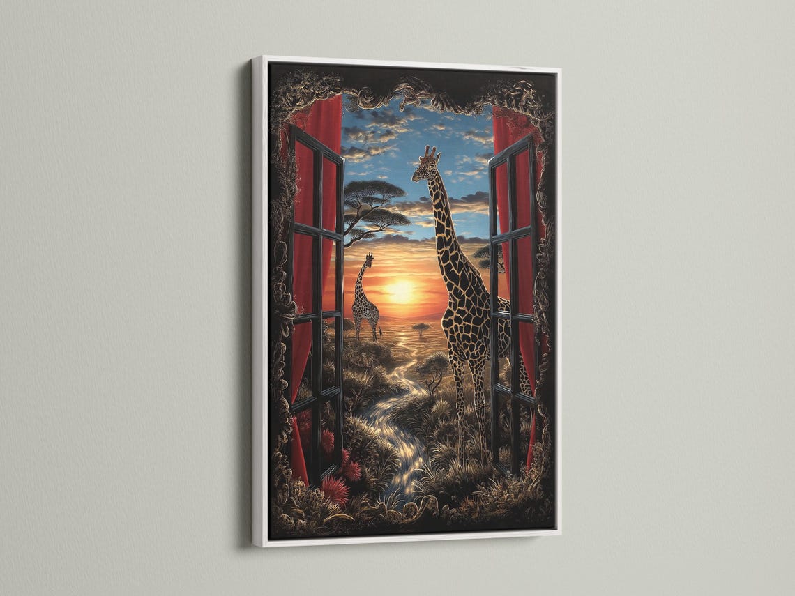 Framed giraffe window-view sunset artwork shown on a wall, with curtain shutters and a savanna