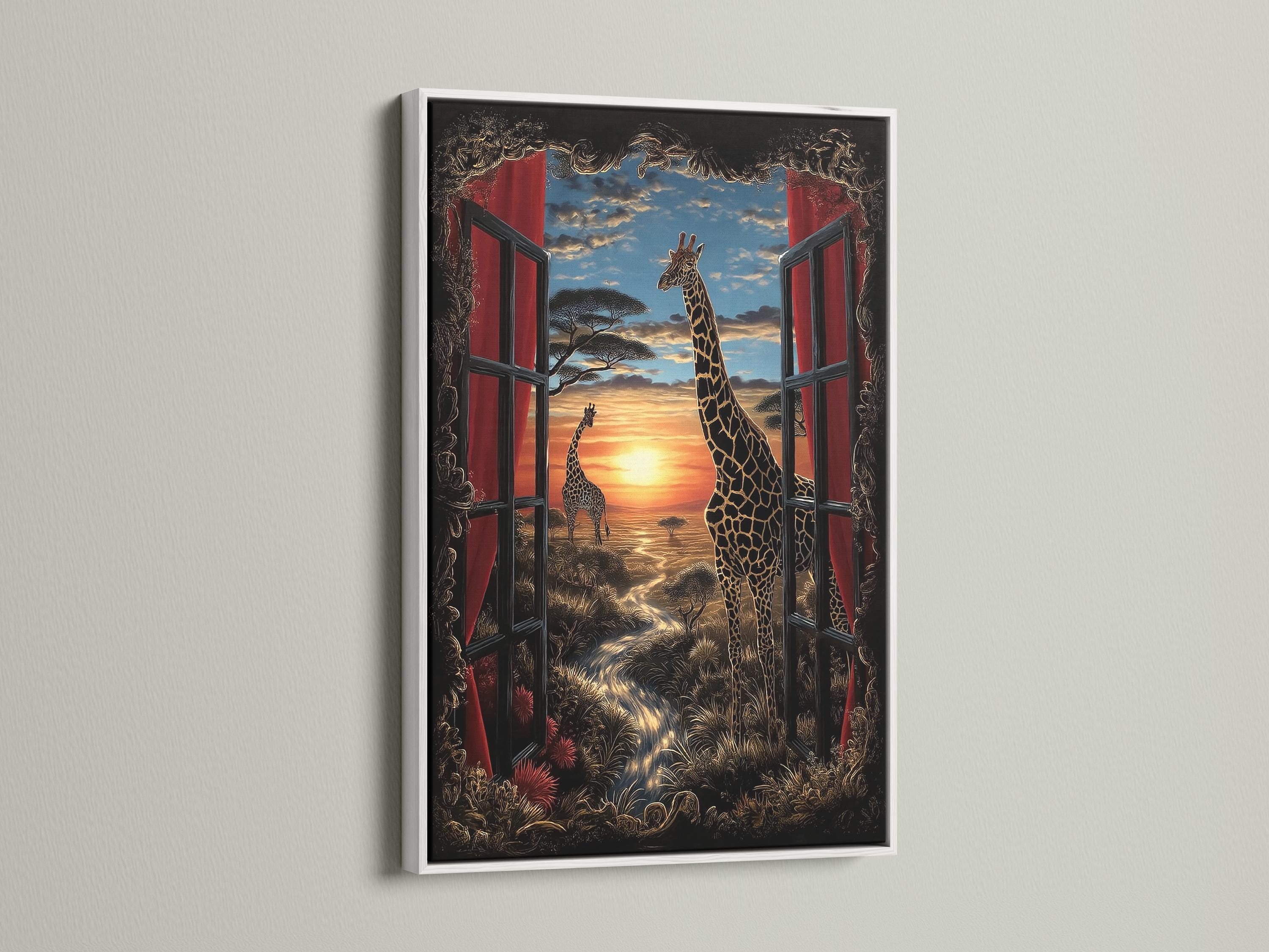 Framed giraffe window-view sunset artwork shown on a wall, with curtain shutters and a savanna