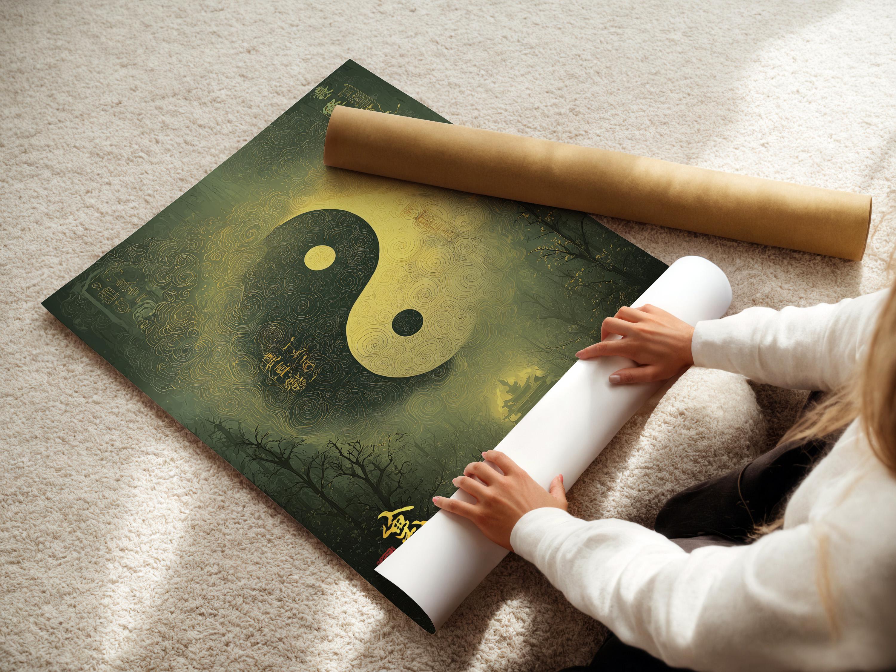 Green and gold yin-yang symbol with swirling patterns over a misty forest background detail view