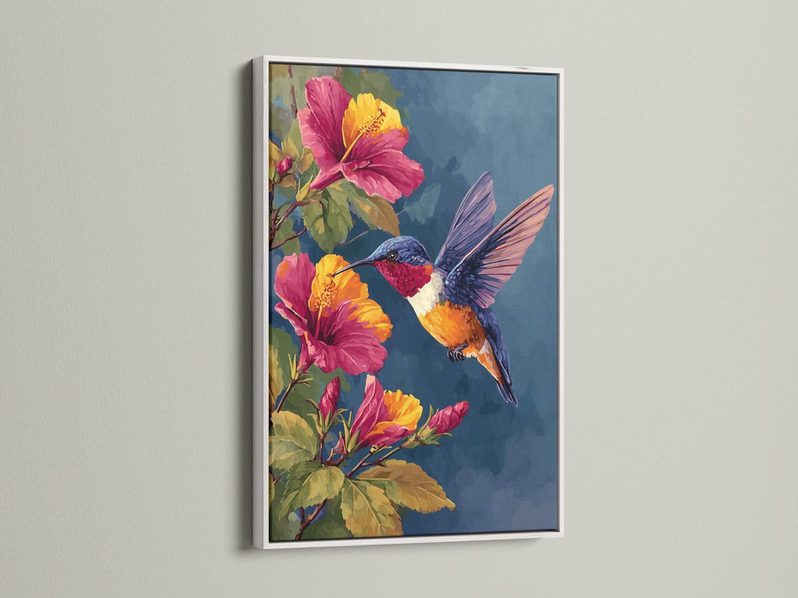 Room mockup showing a hummingbird and hibiscus floral artwork