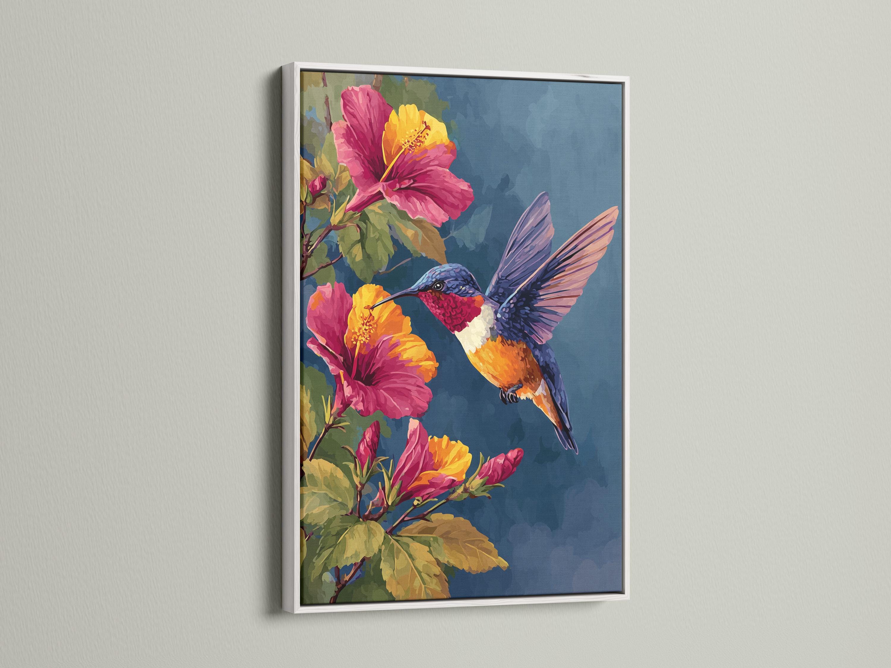 Room mockup showing a hummingbird and hibiscus floral artwork