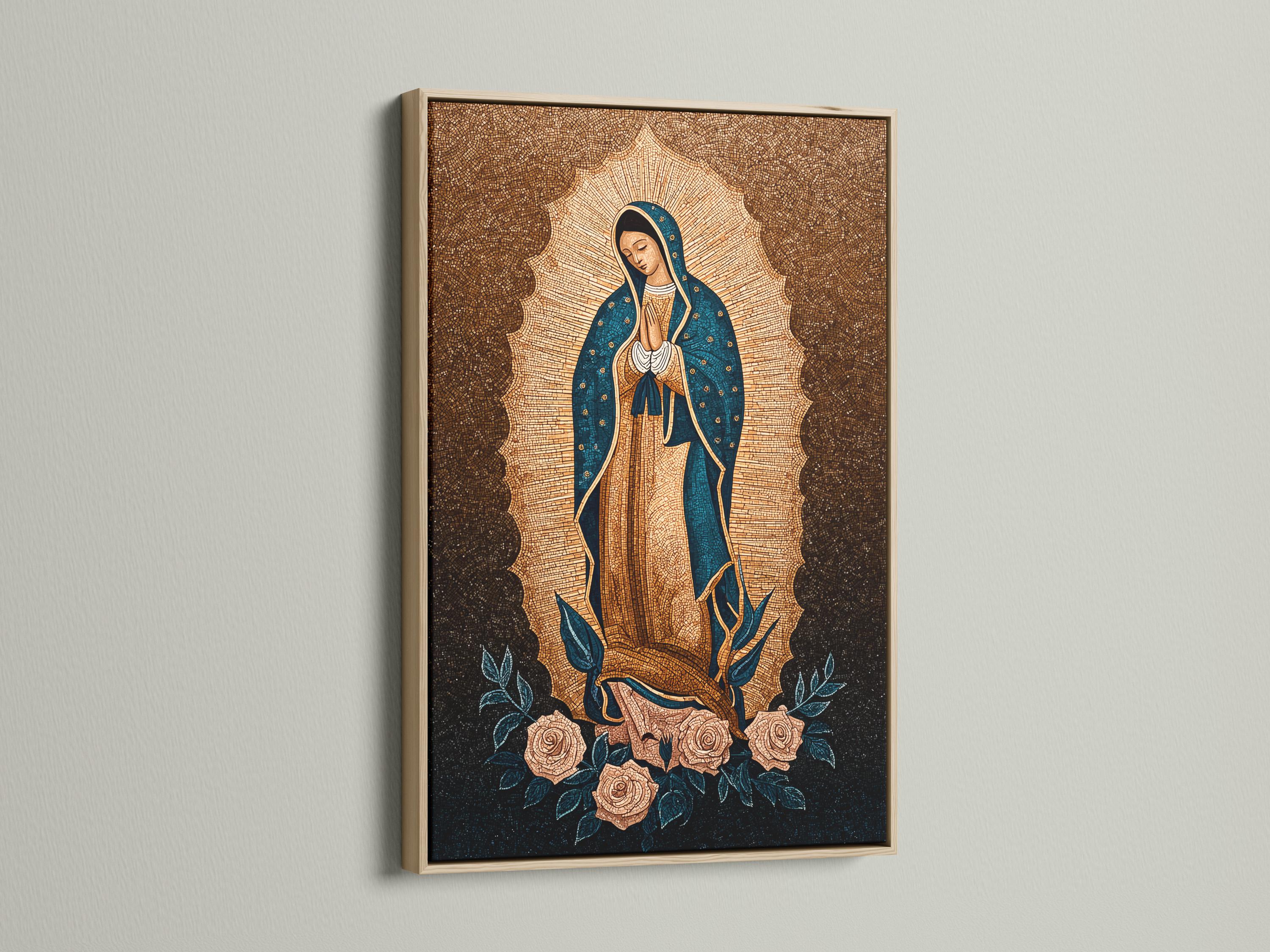 Woman praying beside a framed Virgin Mary portrait on a wall above a table with candles and flowers