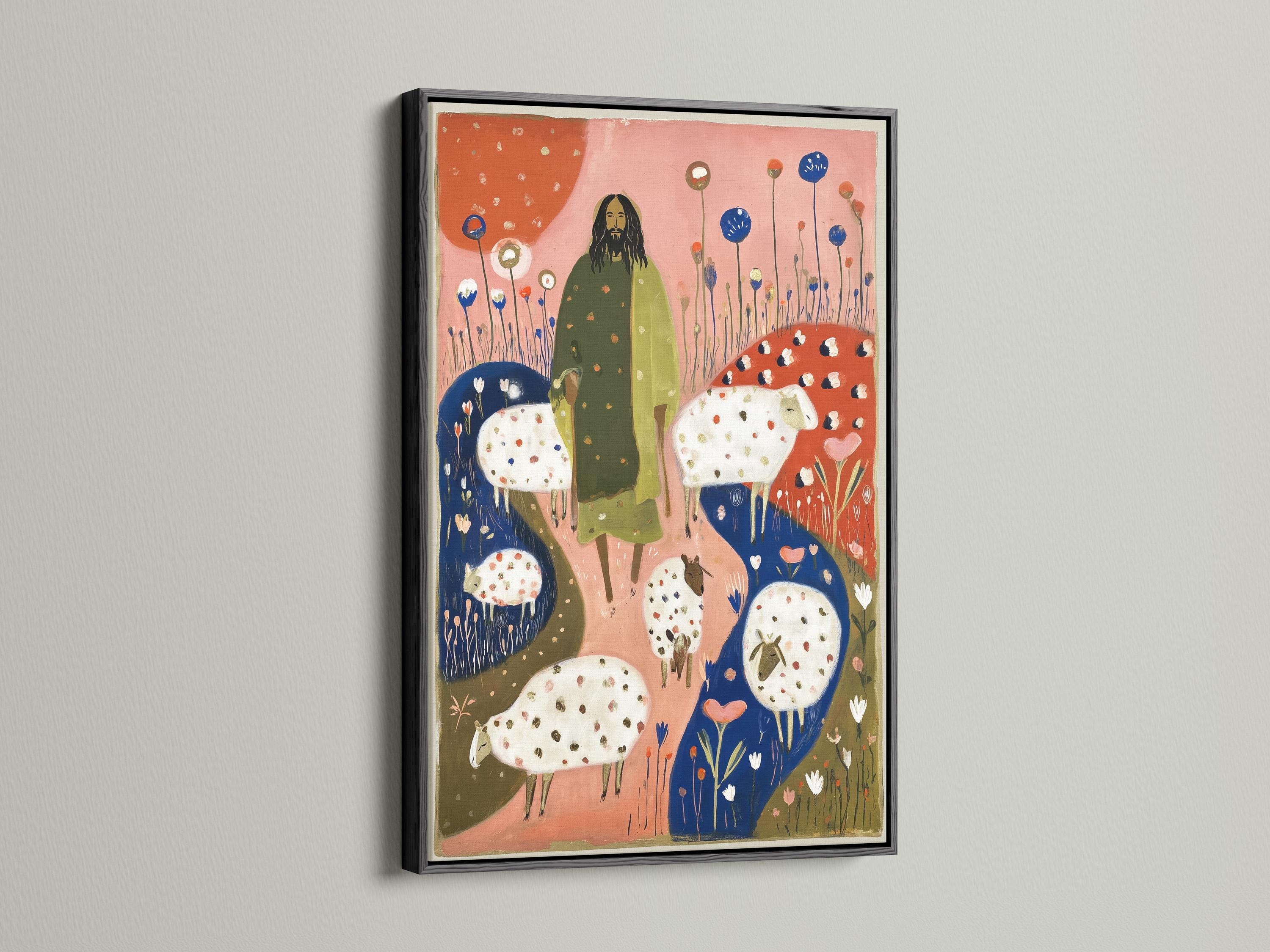 Folk-art illustration of a robed figure standing with spotted sheep in a field of blue flowers detail view