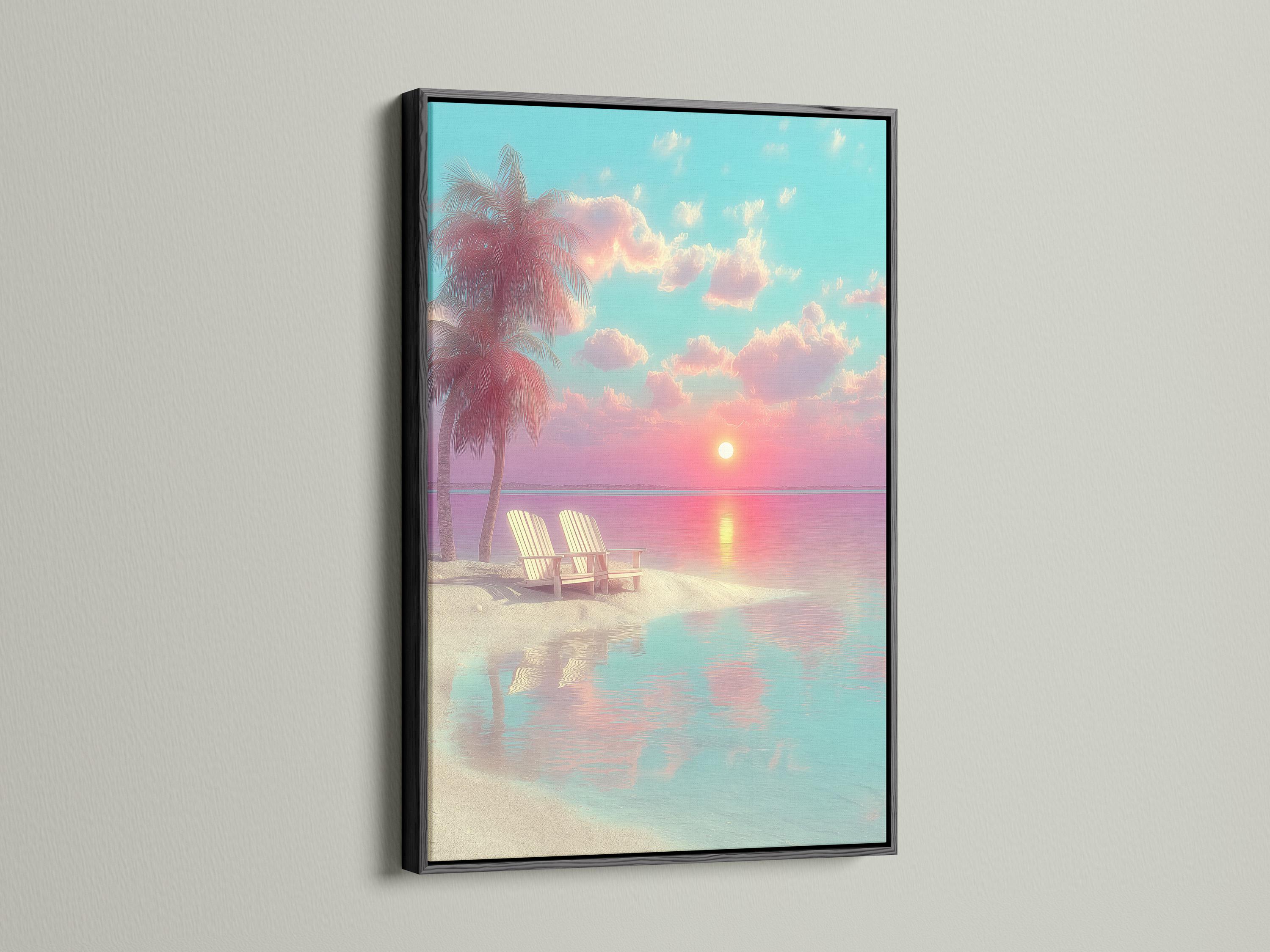 Room mockup showing beach sunset artwork in a framed seascape design