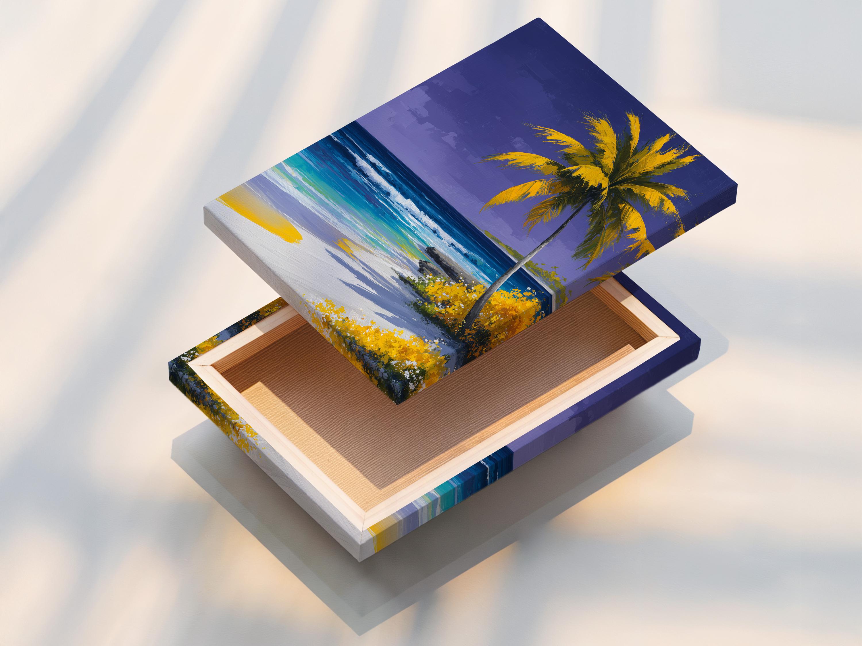 Painterly palm tree on a tropical beach with purple-blue sky and turquoise ocean detail view