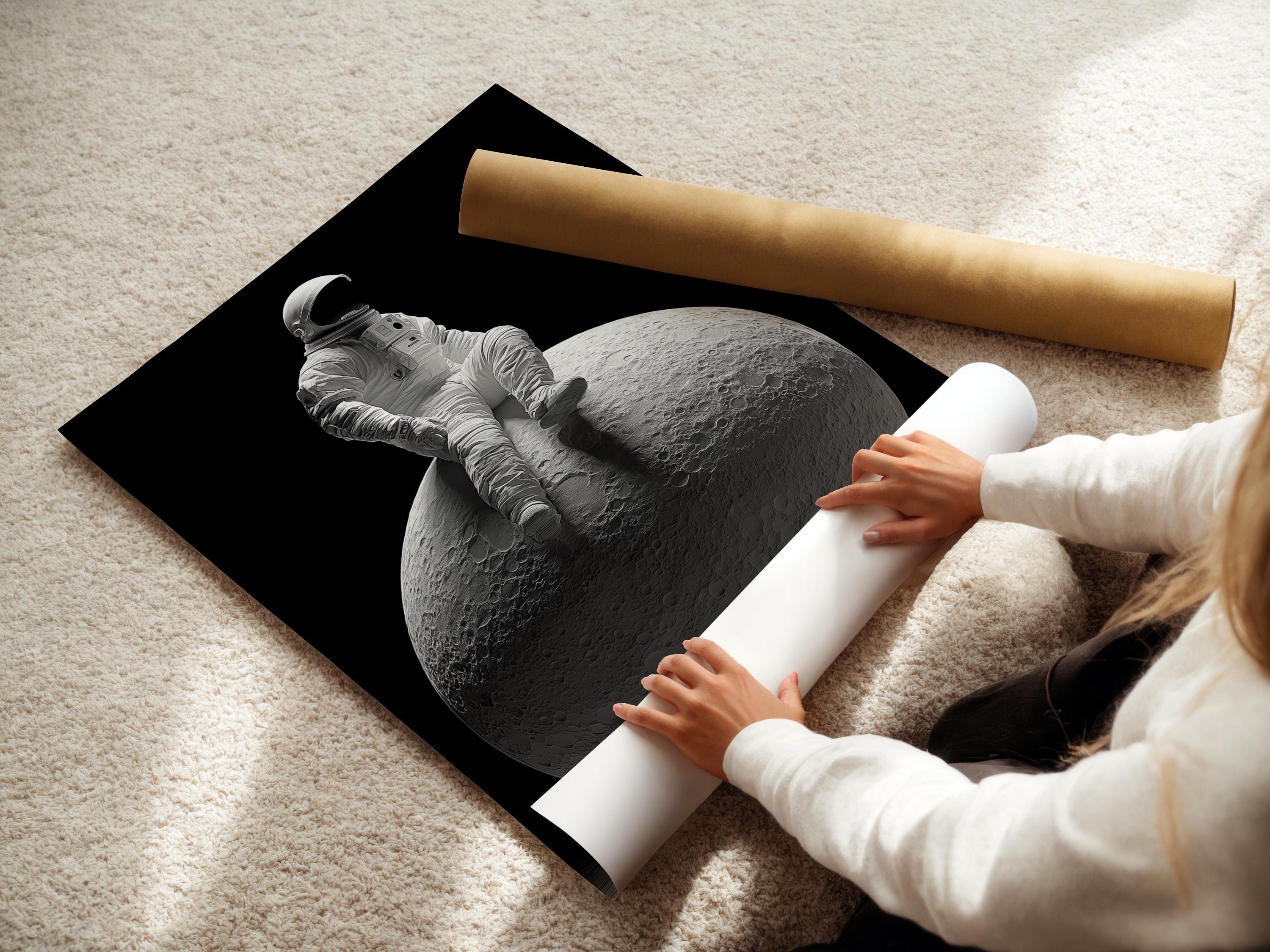 Monochrome astronaut in a space suit seated on a cratered moon against a dark background detail view