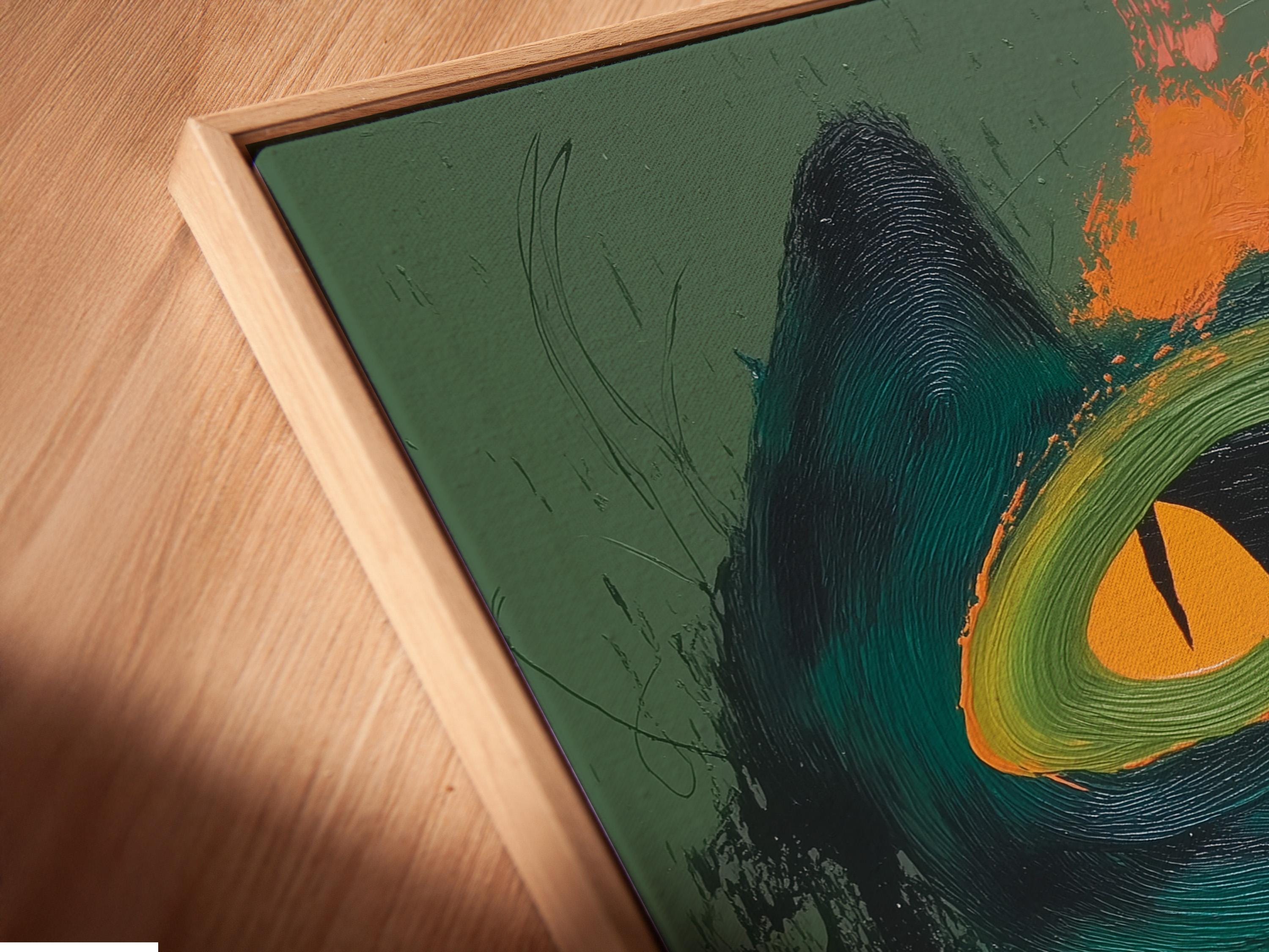 Abstract cat face artwork with green background, teal swirls and orange highlight detail view