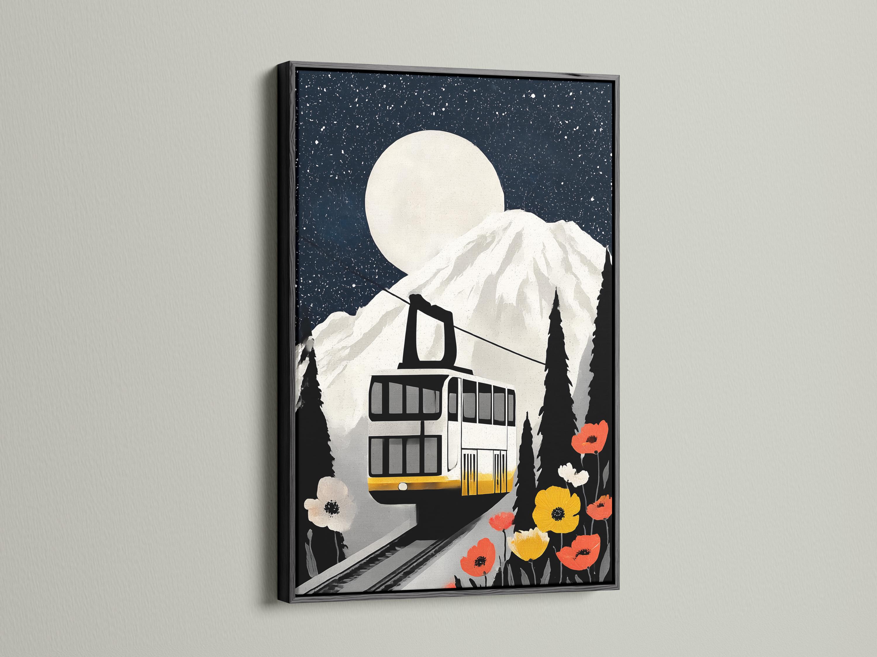 A stylised train cabin sits on mountain tracks beneath a large moon, with dark fir trees and bright red and yellow poppies detail view
