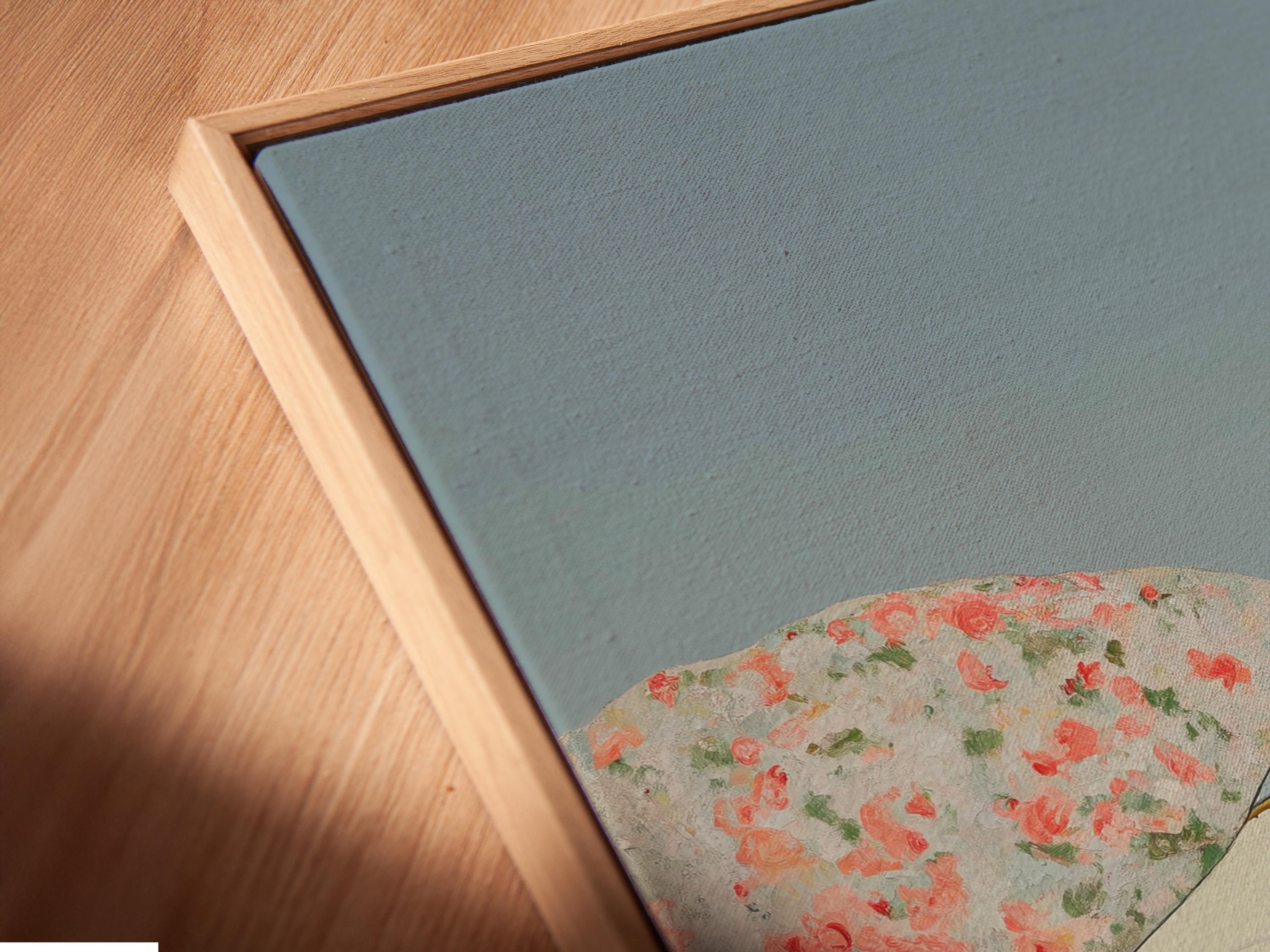 Red retro airplane illustration over a pastel landscape with floral details detail view