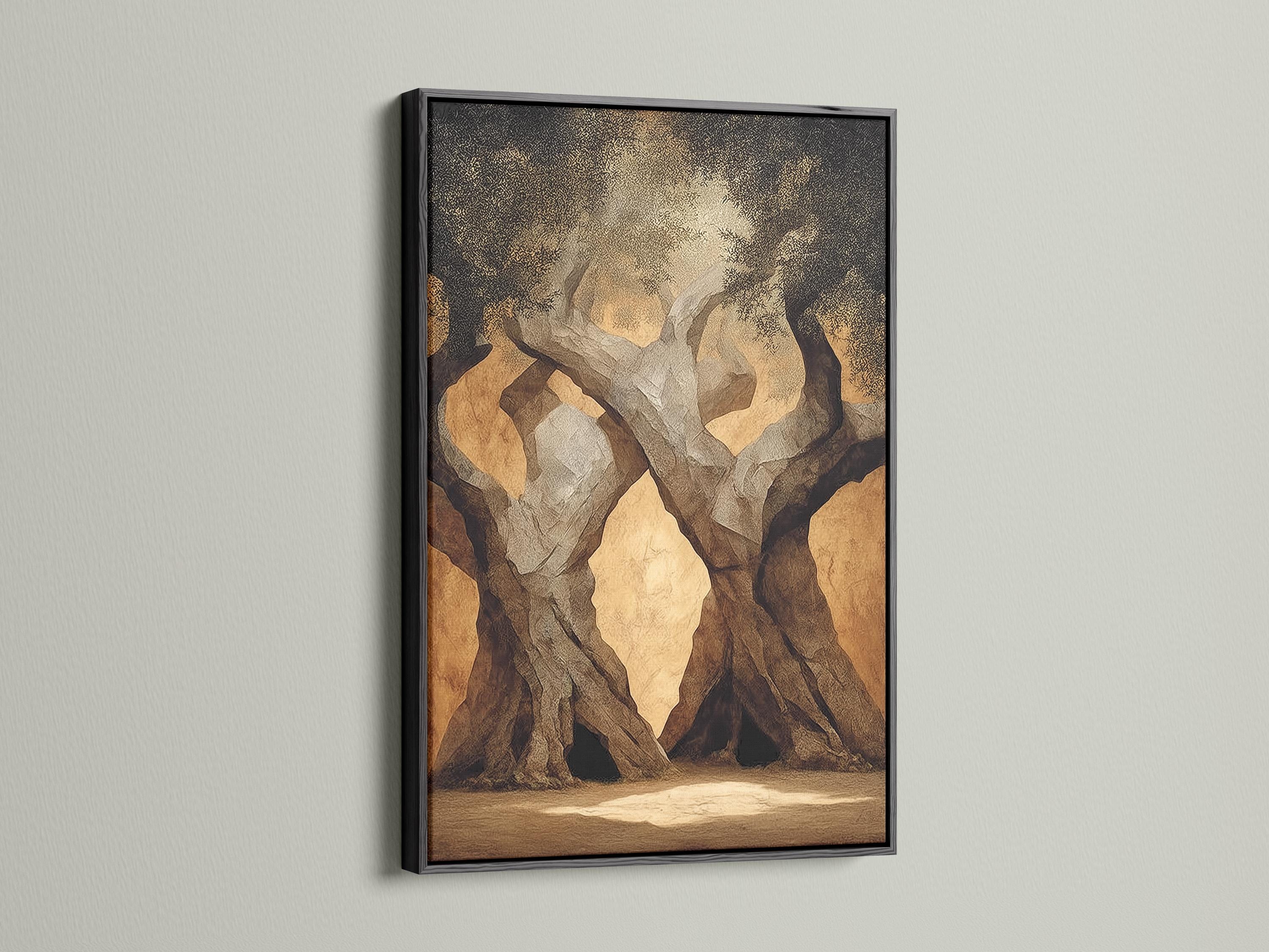 Textured earth-toned landscape with twisted tree trunks and sandy ground detail view