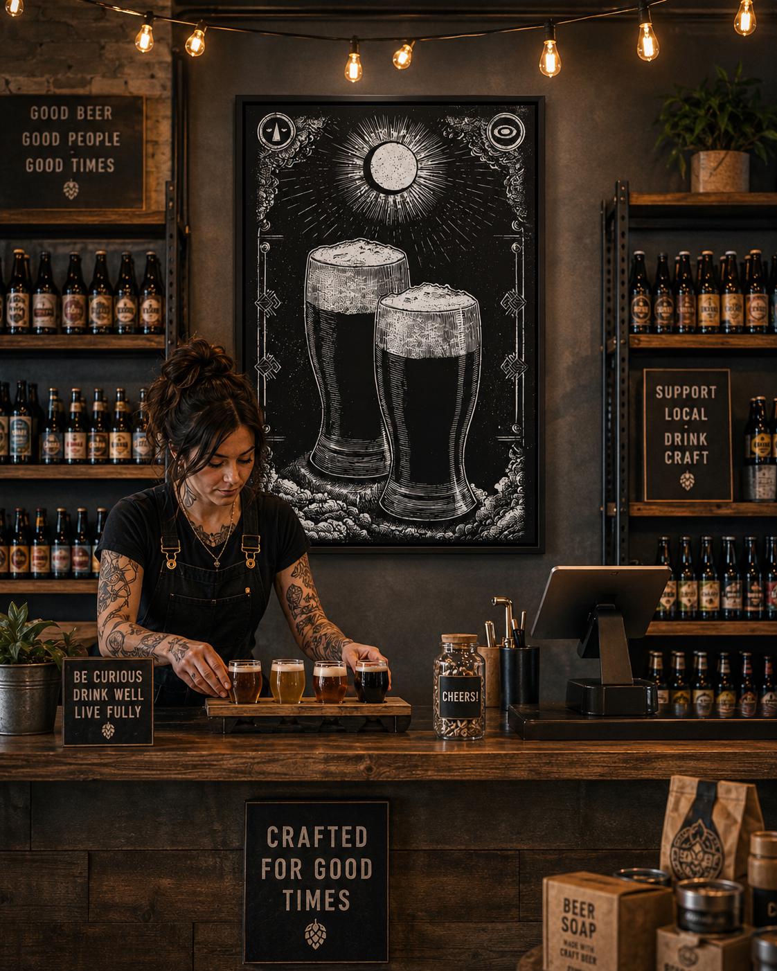 Person holding a framed black-and-white beer mug illustration in a workshop-style bar setting