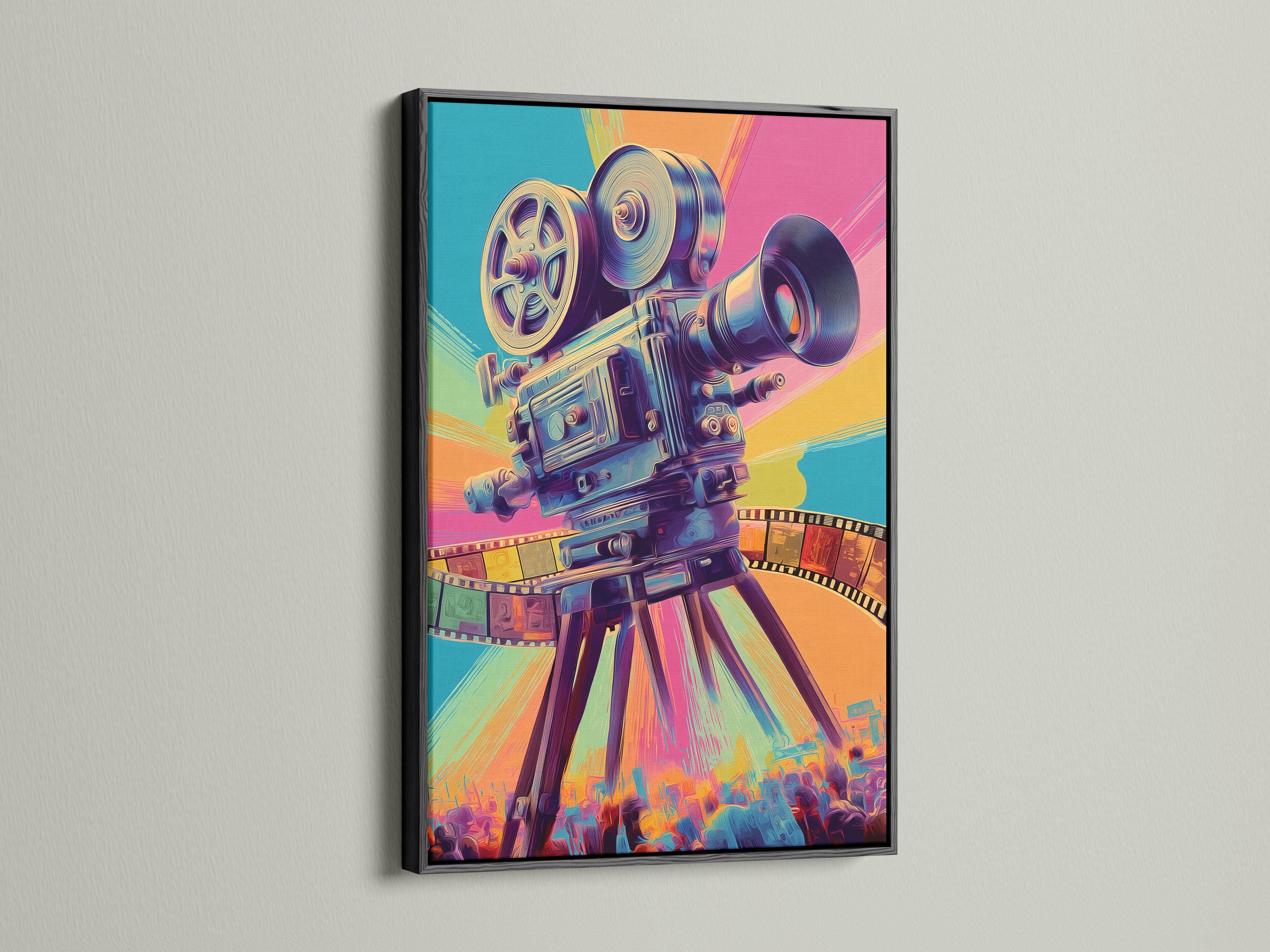 Stylised vintage movie camera in turquoise, hot pink and purple with a curved film strip detail view