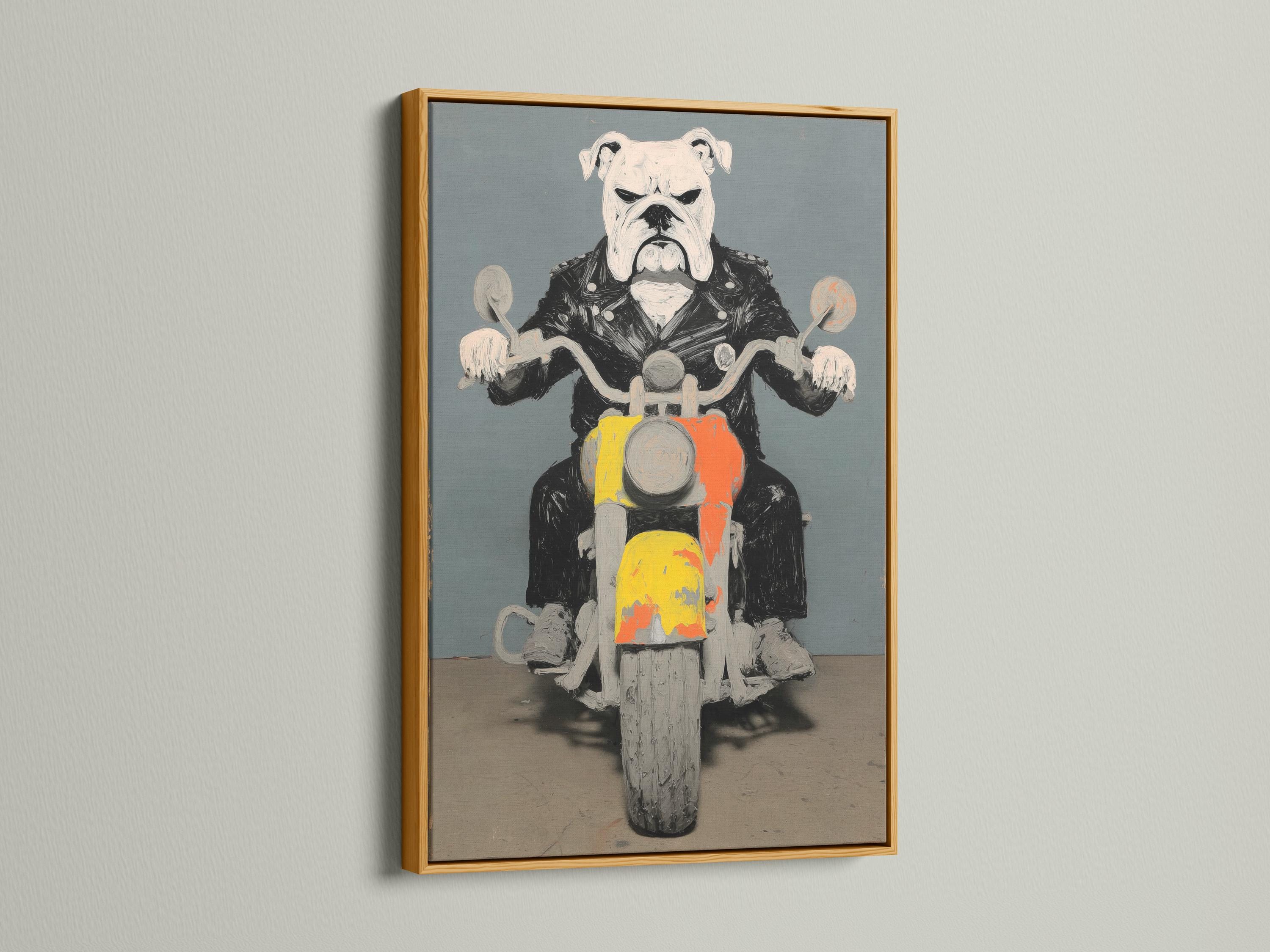 Stylised bulldog riding a motorcycle with orange and yellow accents against a blue-grey background detail view