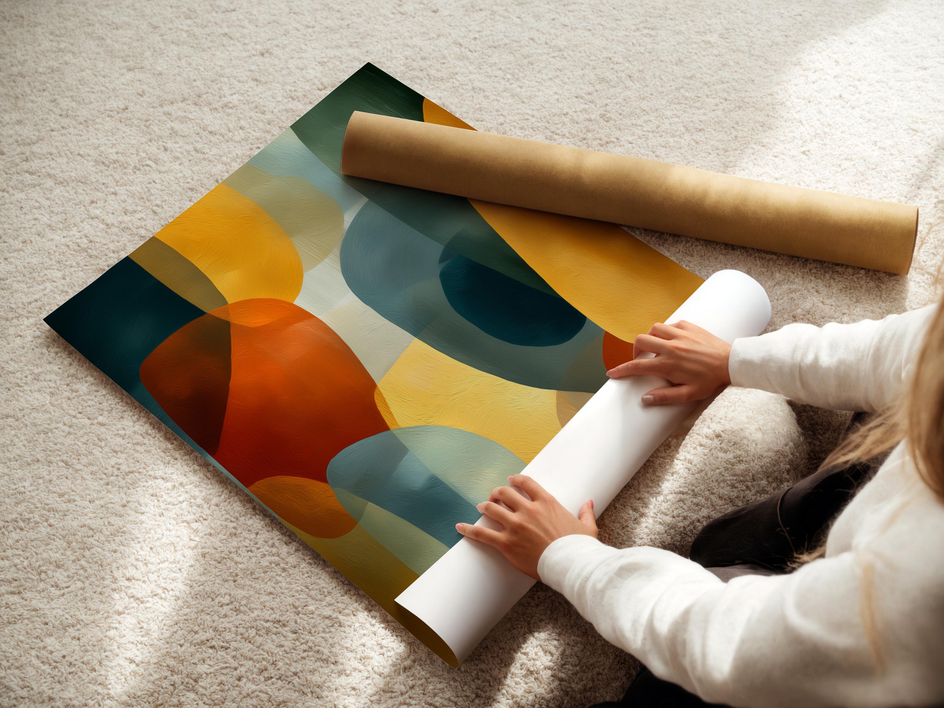 Room mockup showing a framed abstract geometric artwork with teal and mustard shapes